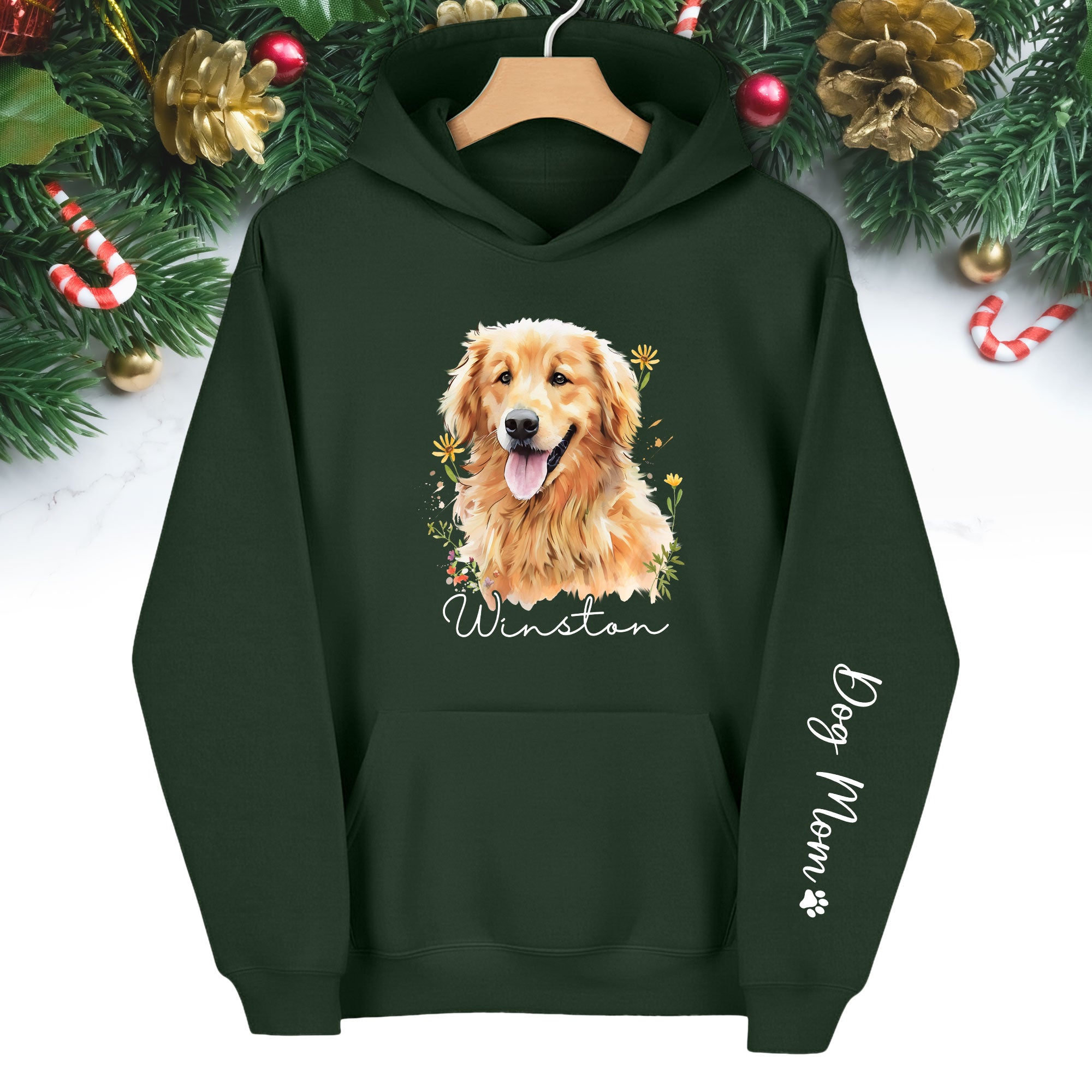 Custom Pet Photo Hoodie – Personalized Dog Portrait with Floral Design, Dog Mom Gift