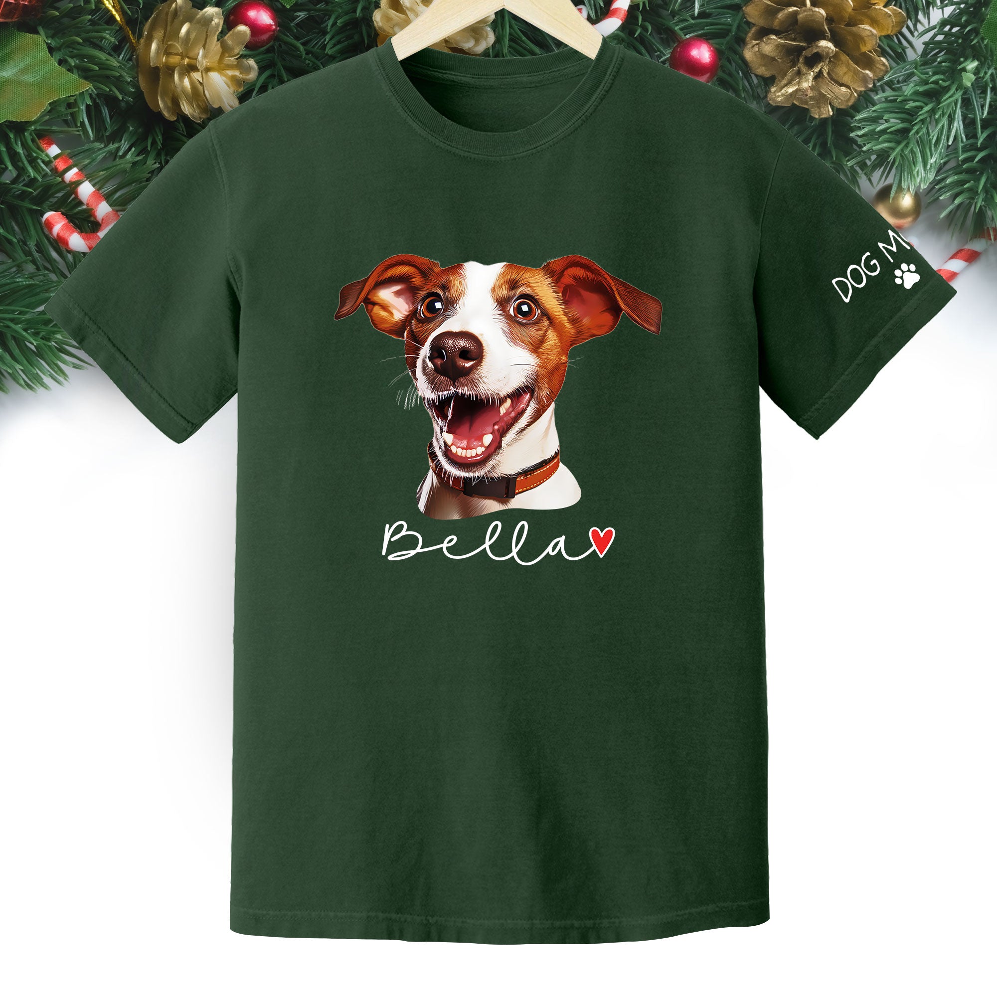 Dog Mom Christmas Shirt – Custom Pet Portrait Tee, Personalized Holiday Gift for Women