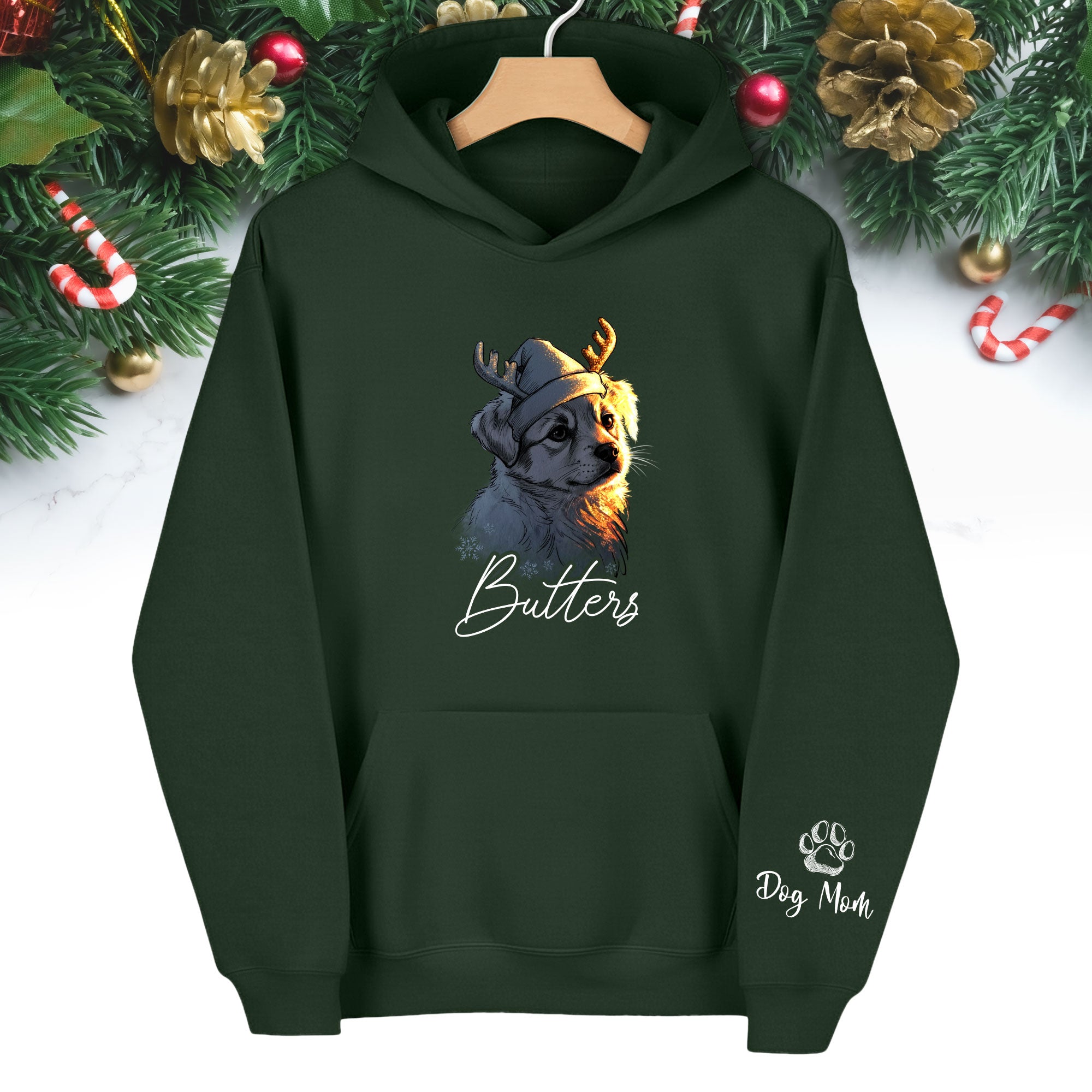 Festive Dog Mom Hoodie – Cute Christmas Pullover for Women