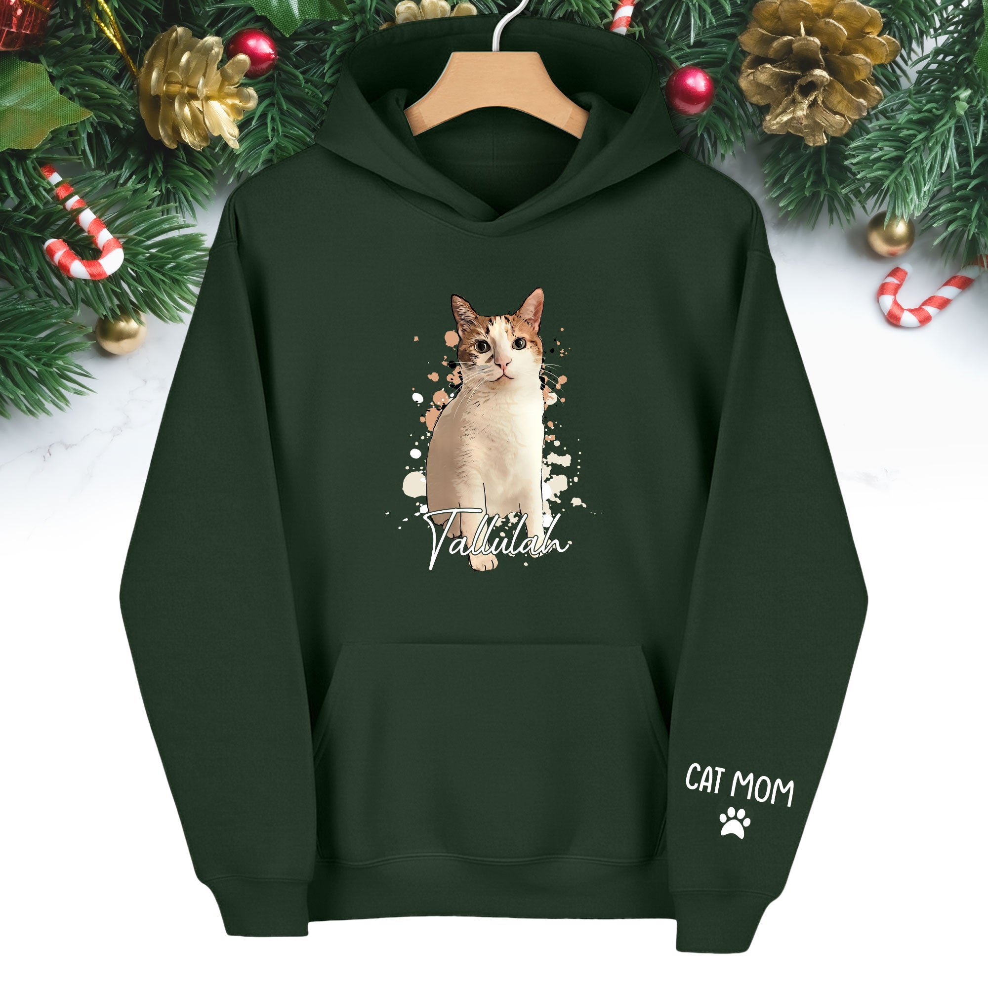 Personalized Cat Mom Hoodie – Custom Cat Photo Hoodie with Pet Name, Unique Holiday Gift for Cat Lovers