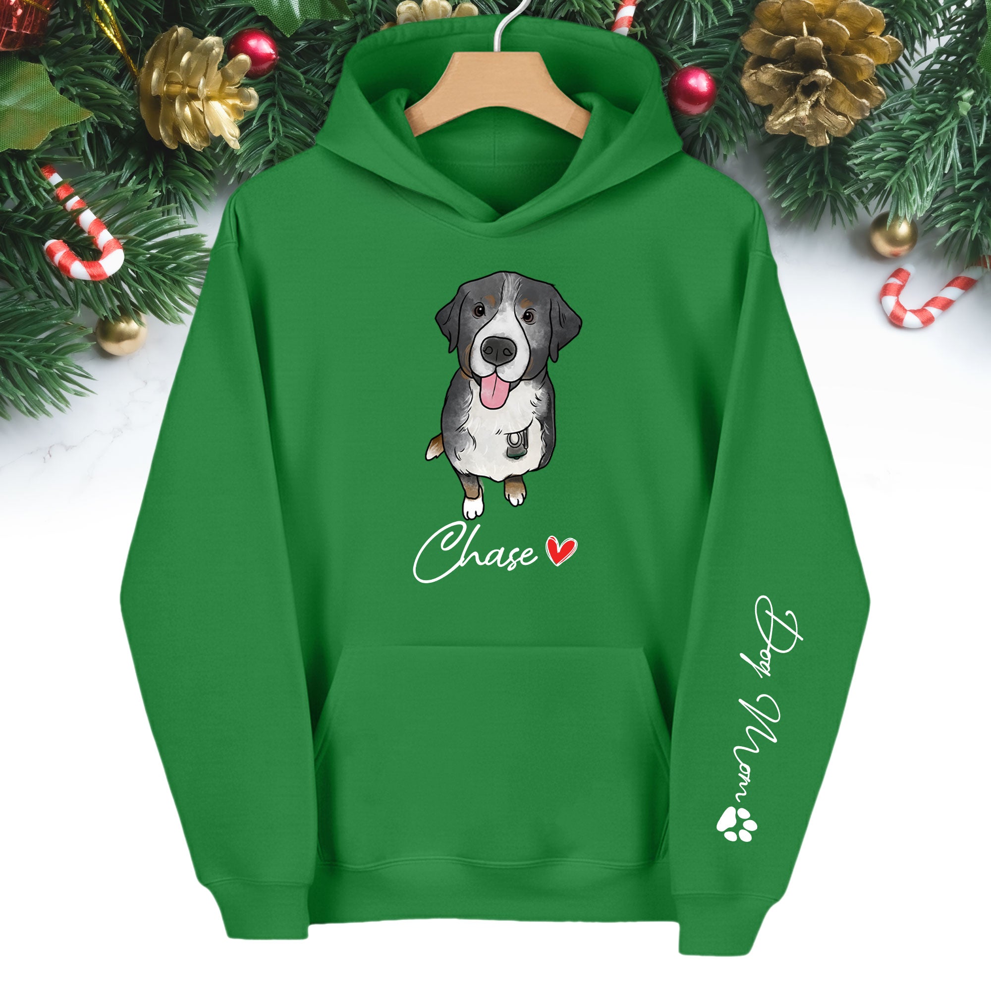 Custom Pet Portrait Hoodie– Dog Name Printed with Heart, Perfect Gift for Dog Lovers