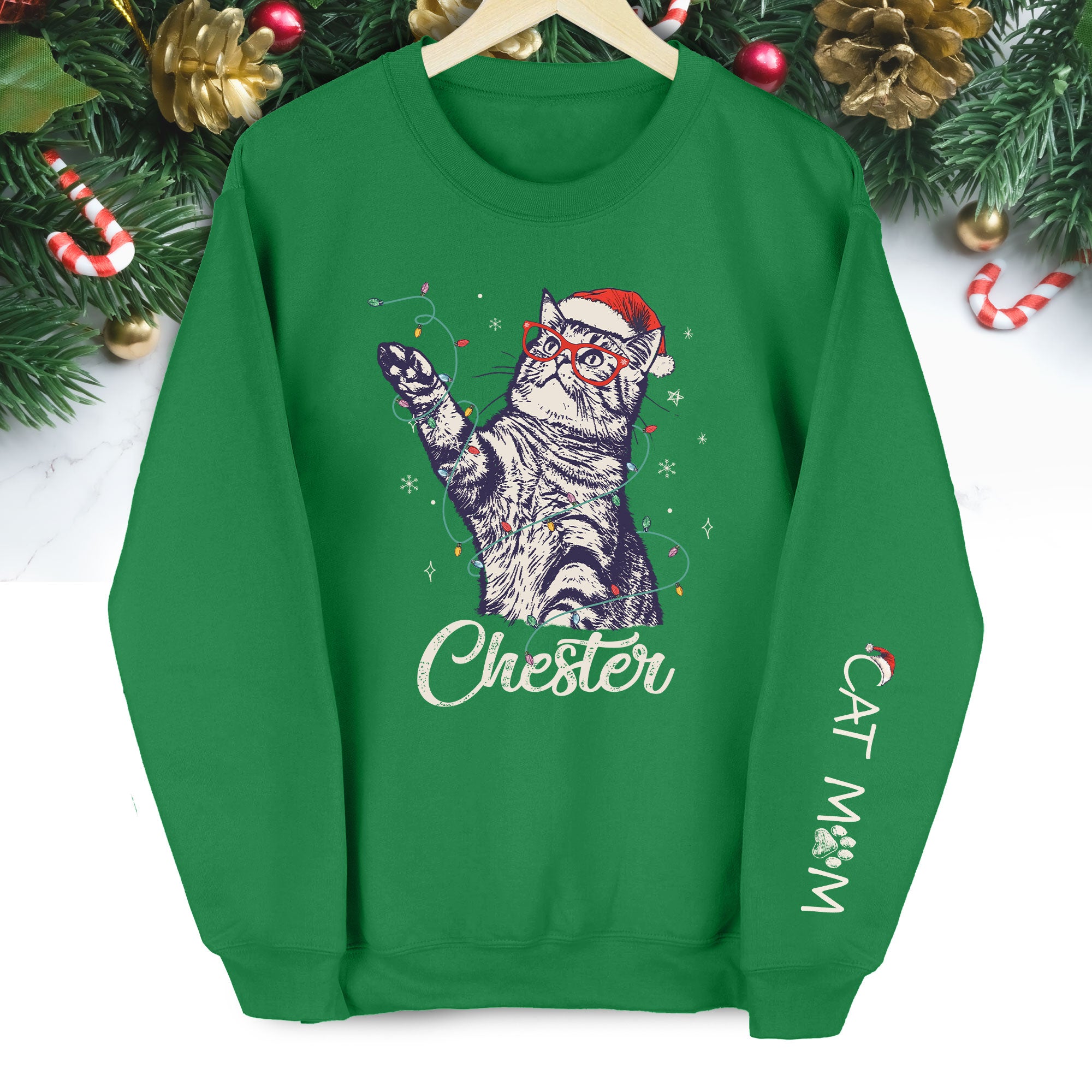 Custom Cat Christmas Sweatshirt, Personalized Pet Portrait Holiday Gift for Cat Moms