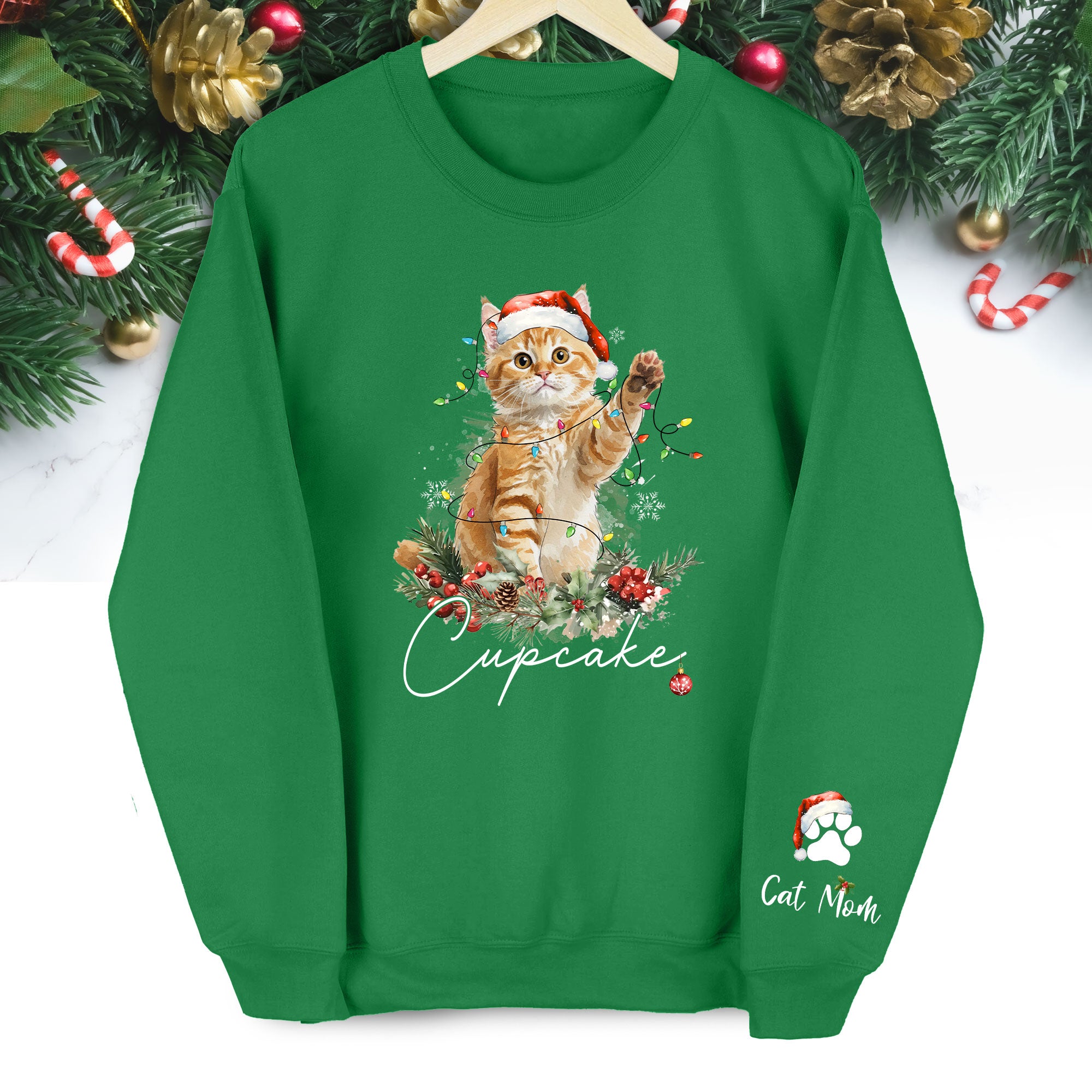 Custom Cat Christmas Sweatshirt – Personalized Holiday Pet Portrait Gift for Cat Moms