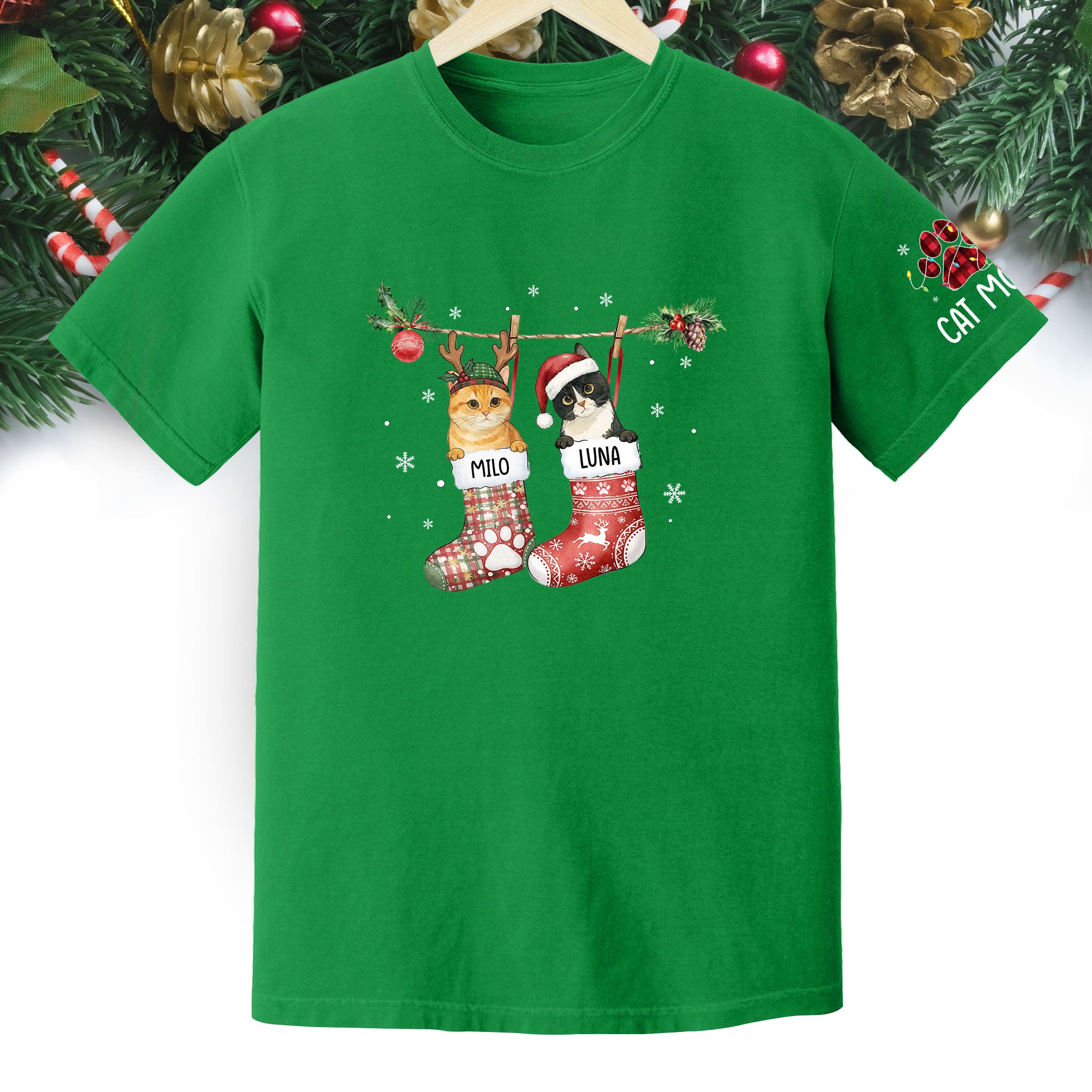 Personalized Cat Photo Christmas T-Shirt – Custom Pet Lover Gift for Cat Mom, Holiday Tee