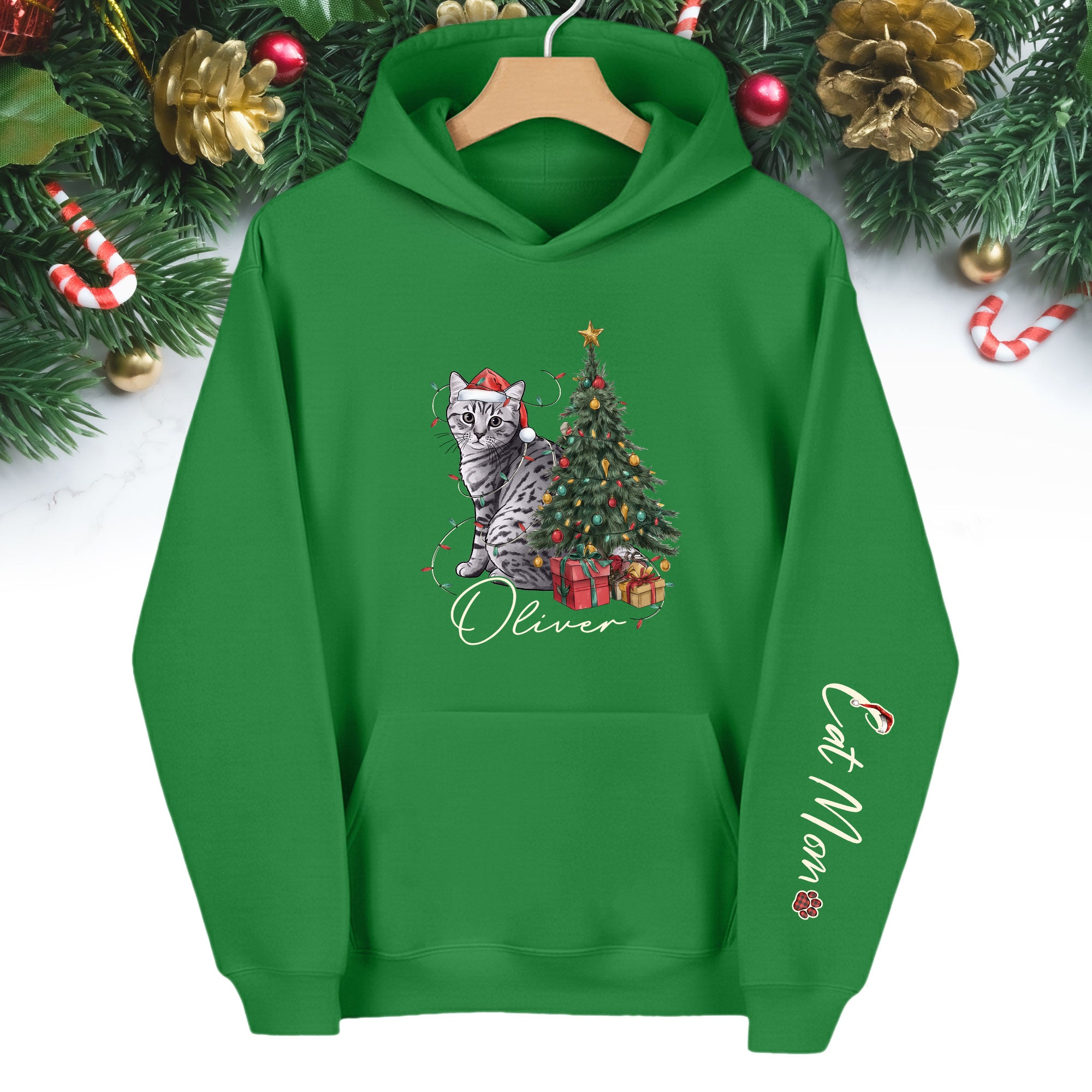Personalized Cat Mom Christmas Hoodie – Custom Pet Photo Hoodie with Cat Name, Holiday Gift for Cat Lovers