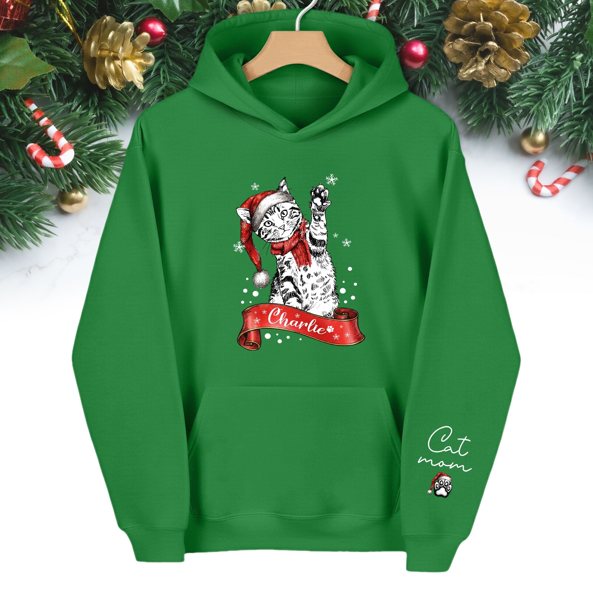 Custom Cat Mom Christmas Hoodie – Personalized Cat Photo Hoodie with Pet Name, Holiday Gift for Cat Lovers