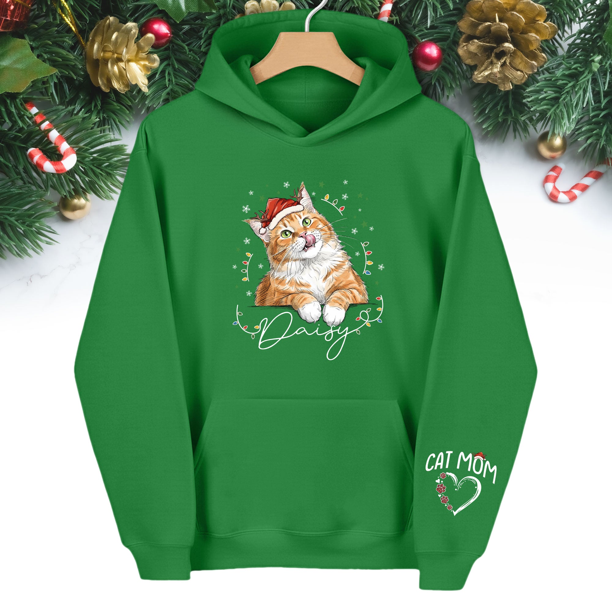 Personalized Cat Mom Christmas Hoodie – Custom Cat Photo Hoodie with Pet Name, Cute Holiday Gift for Cat Lovers
