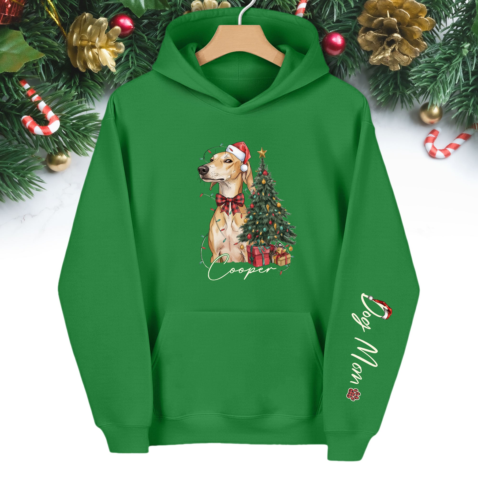 Personalized Dog Mom Christmas Hoodie, Custom Dog Photo Hoodie with Pet Name, Holiday Gift for Pet Lovers