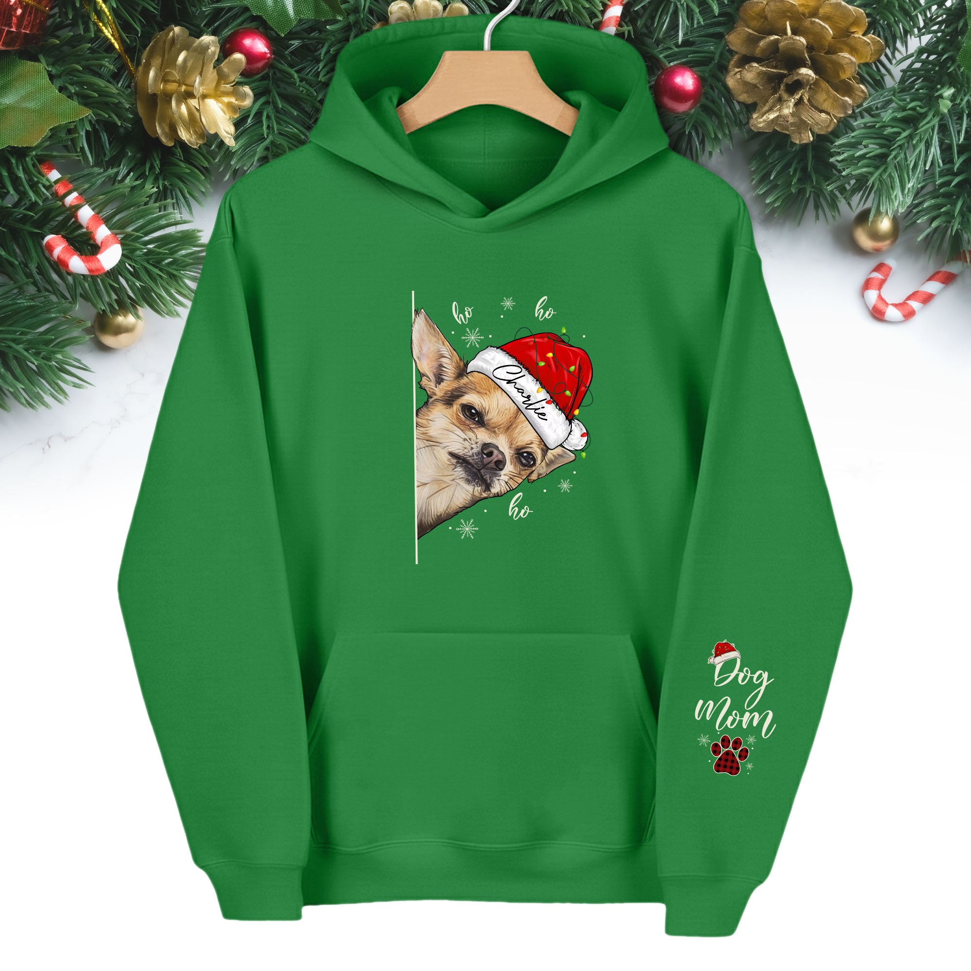 Custom Dog Mom Christmas Hoodie – Personalized Dog Photo Hoodie with Pet Name, Funny Holiday Gift for Dog Lovers