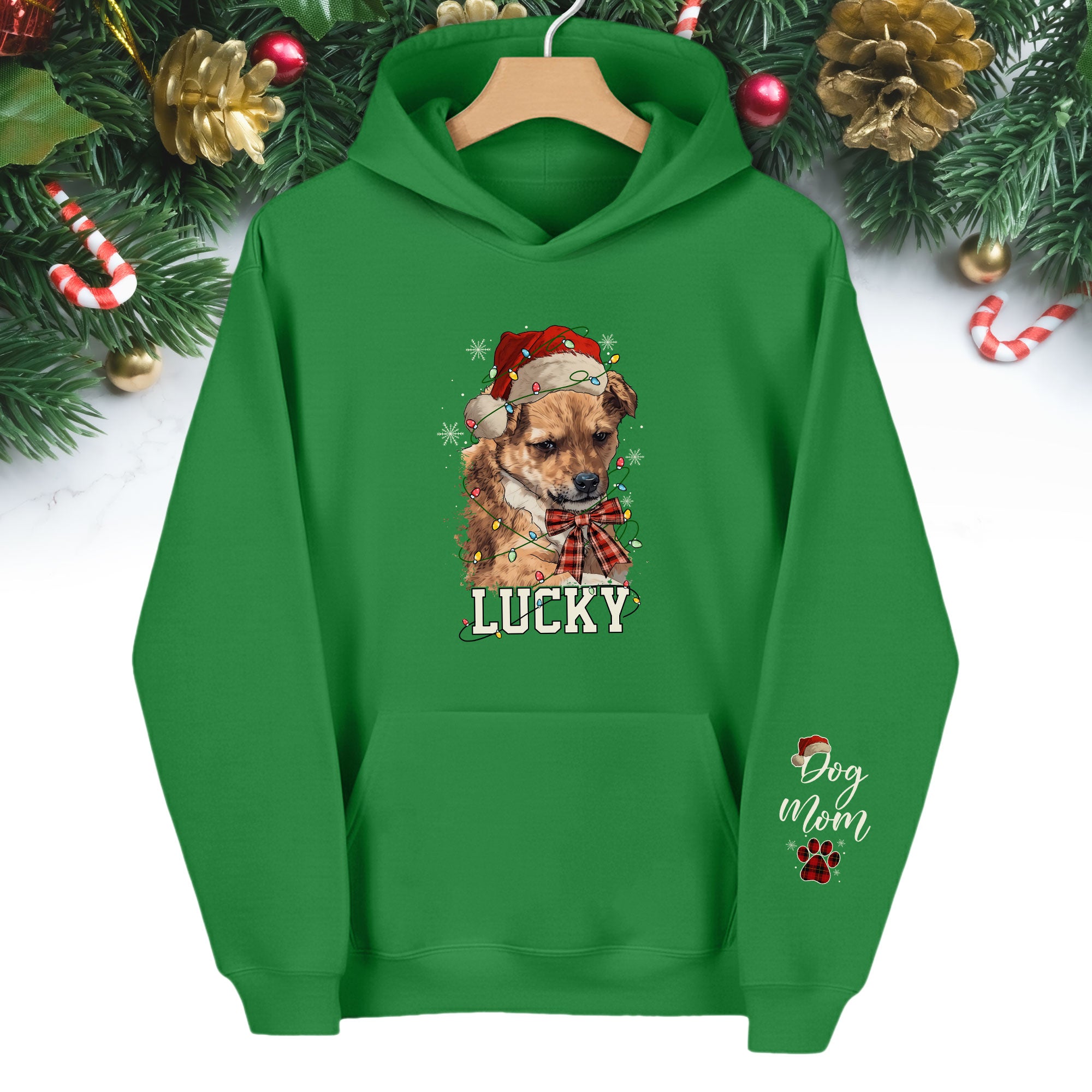 Personalized Dog Mom Christmas Hoodie – Custom Dog Photo Hoodie with Pet Name, Holiday Gift for Pet Lovers