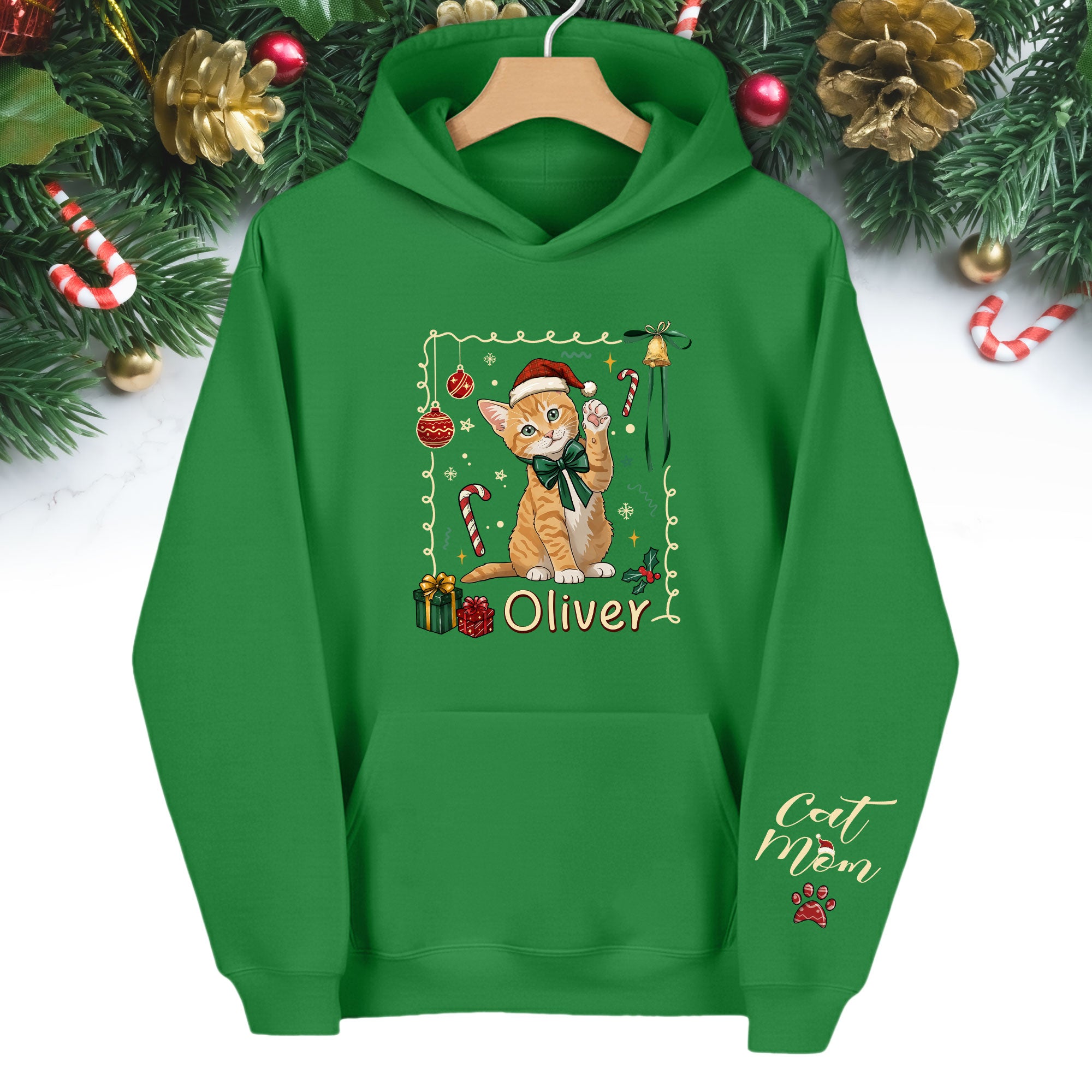 Custom Cat Christmas Hoodie – Personalized Pet Portrait Gift for Cat Moms