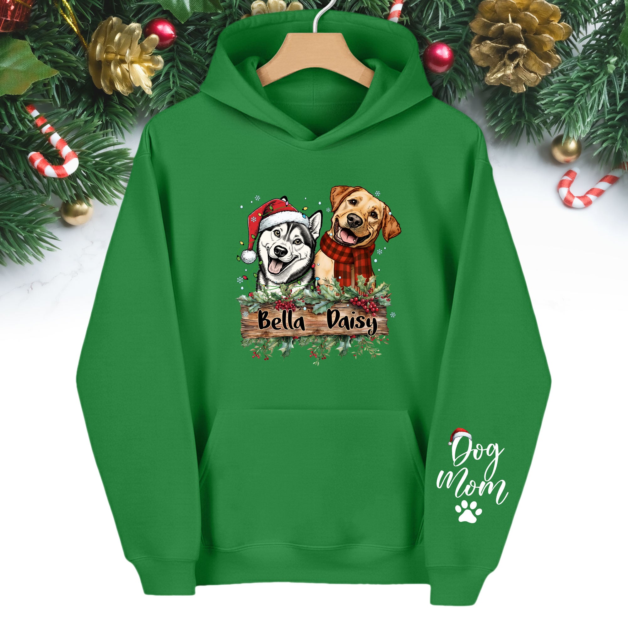 Dog Mom Christmas Hoodie – Custom Pet Photo Hoodie, Personalized Holiday Gift for Dog Mom