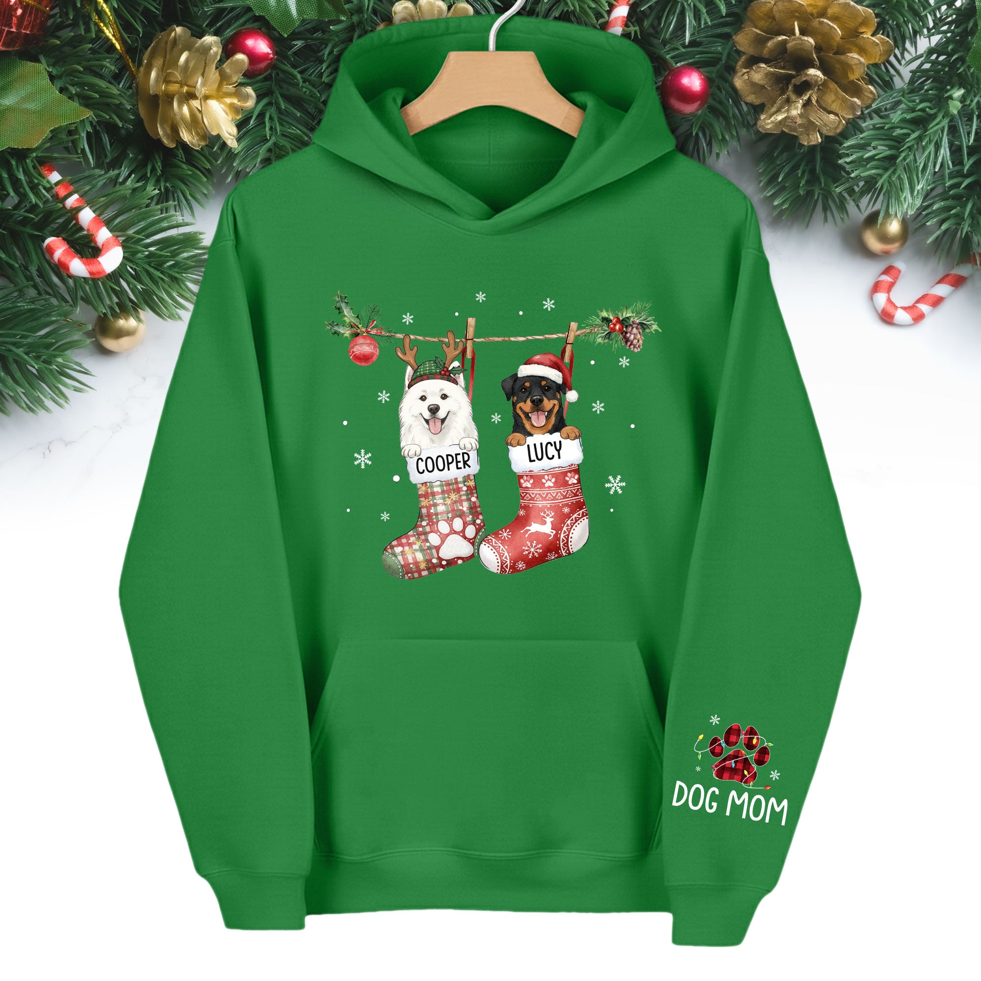 Custom Christmas Dog Hoodie – Personalized Holiday Hoodie with Your Dog’s Photo in Festive Stockings
