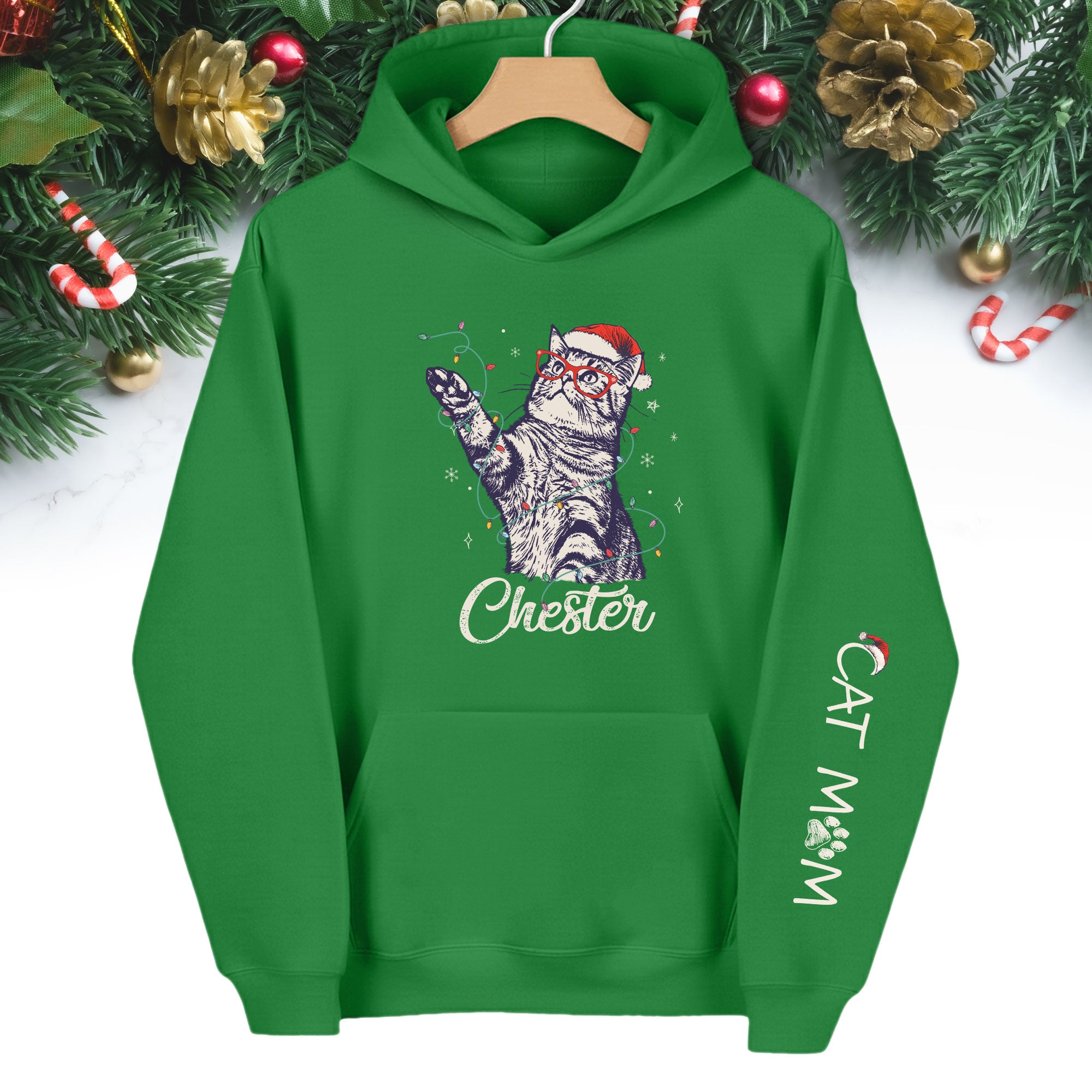 Christmas Cat Mom Hoodie – Personalized Cat Photo Hoodie, Custom Holiday Gift for Women