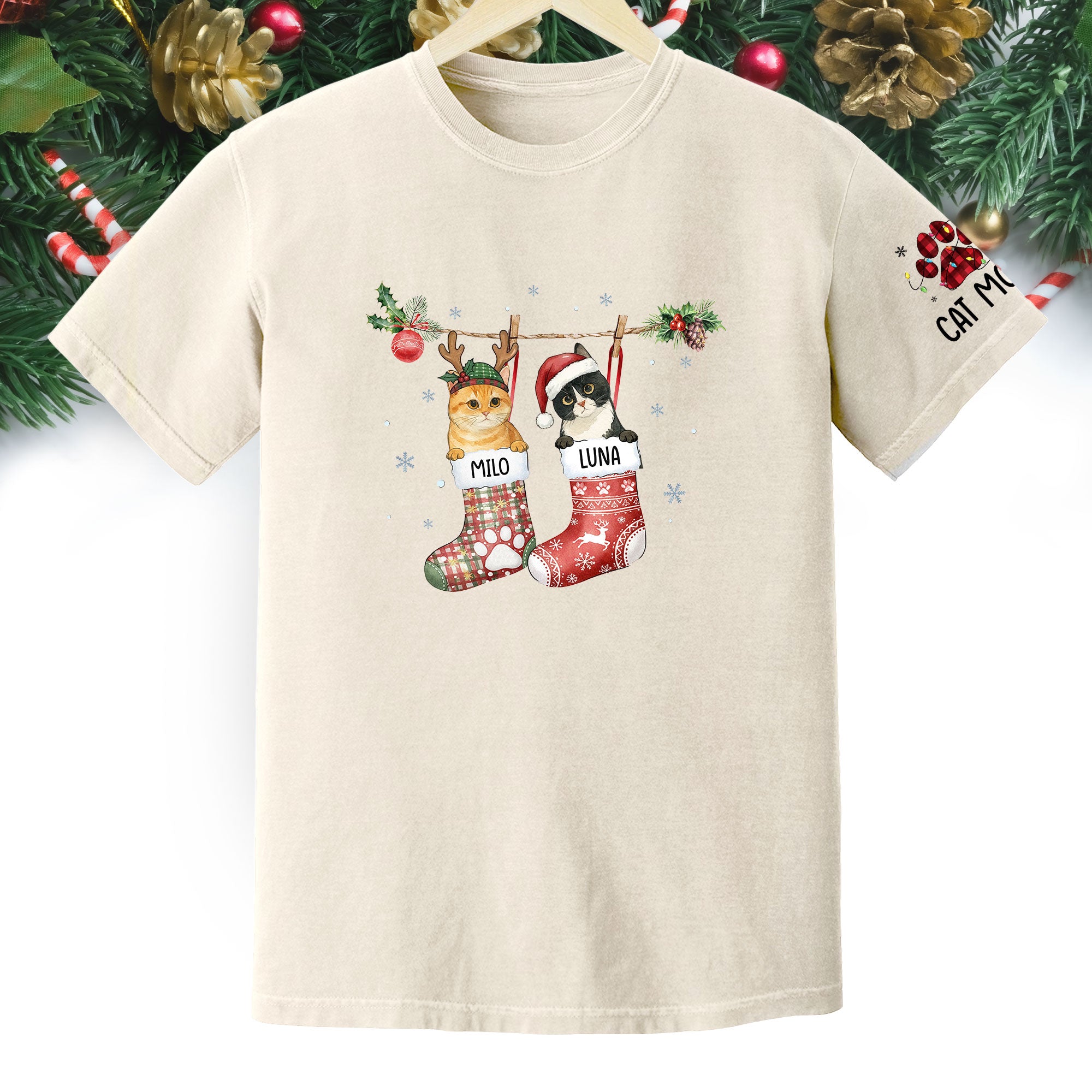 Personalized Cat Photo Christmas T-Shirt – Custom Pet Lover Gift for Cat Mom, Holiday Tee