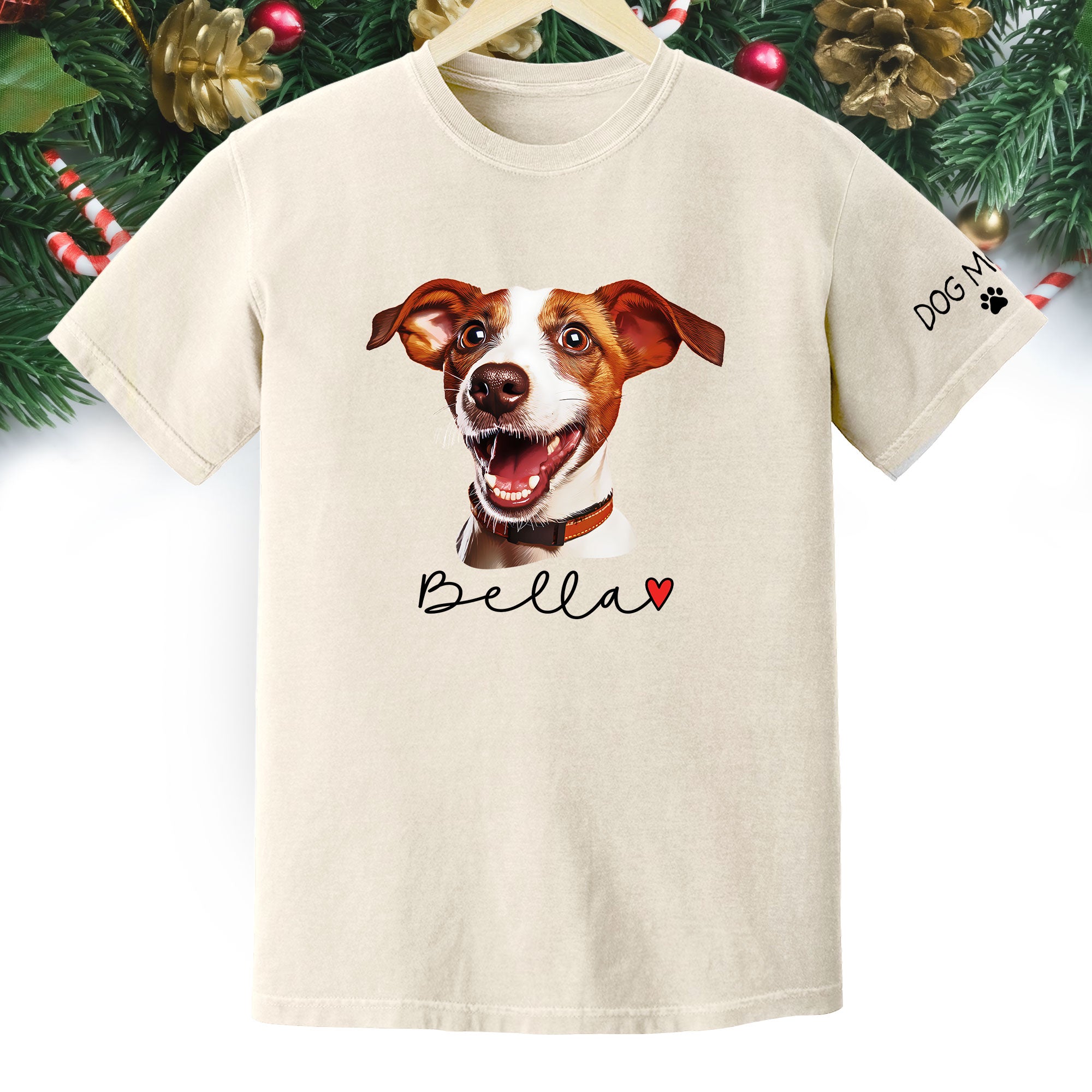 Dog Mom Christmas Shirt – Custom Pet Portrait Tee, Personalized Holiday Gift for Women