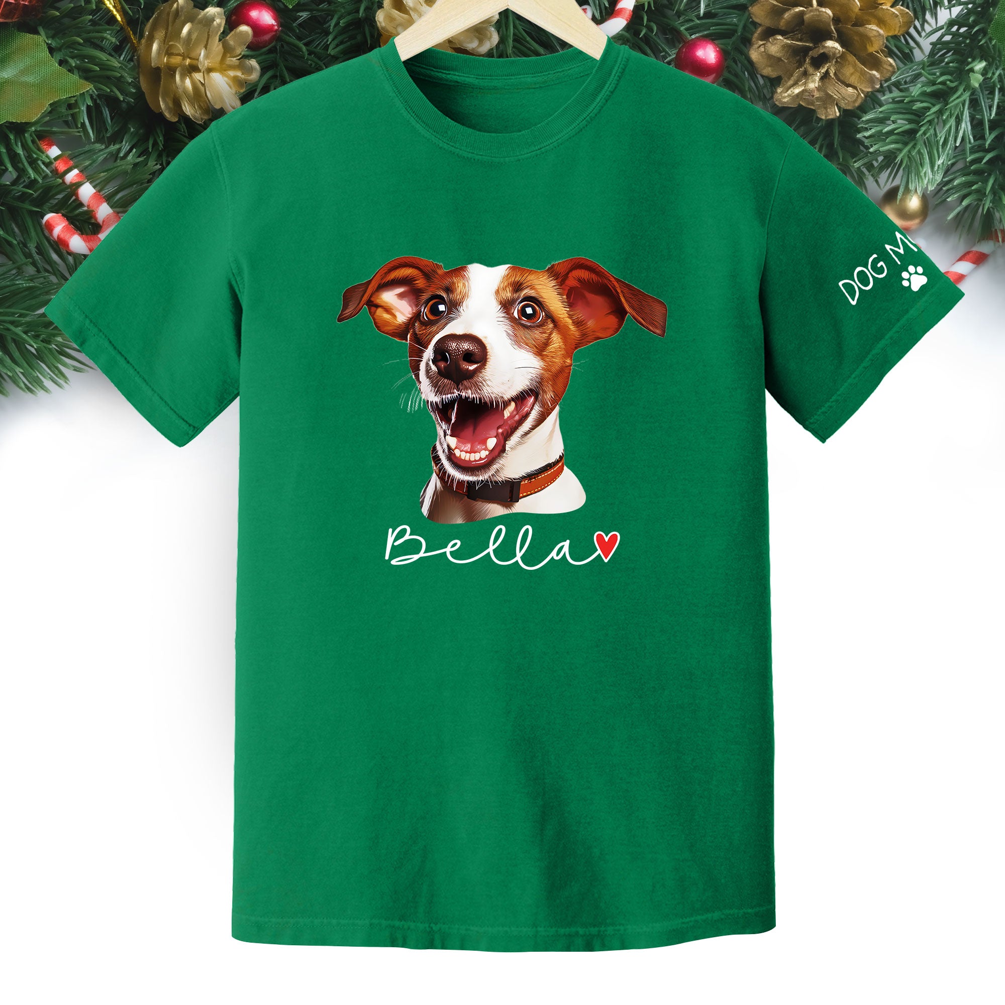 Dog Mom Christmas Shirt – Custom Pet Portrait Tee, Personalized Holiday Gift for Women