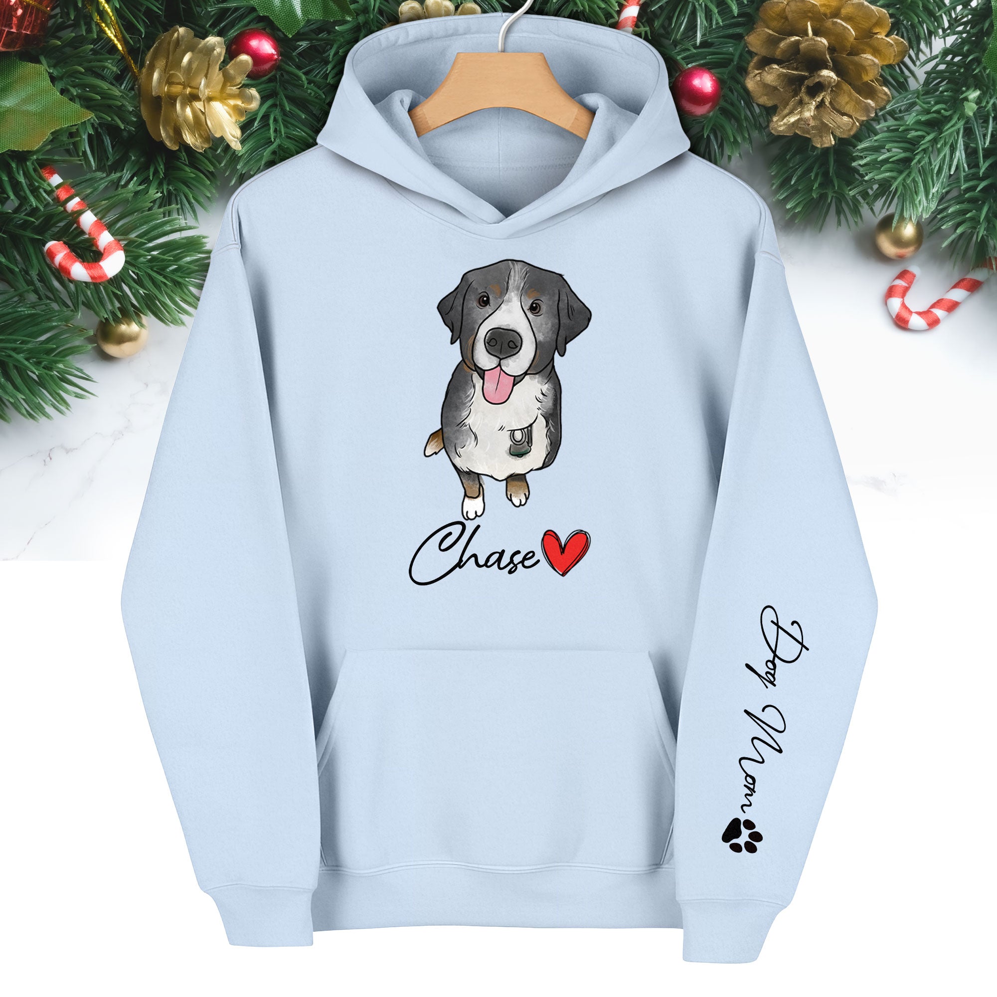 Custom Pet Portrait Hoodie– Dog Name Printed with Heart, Perfect Gift for Dog Lovers