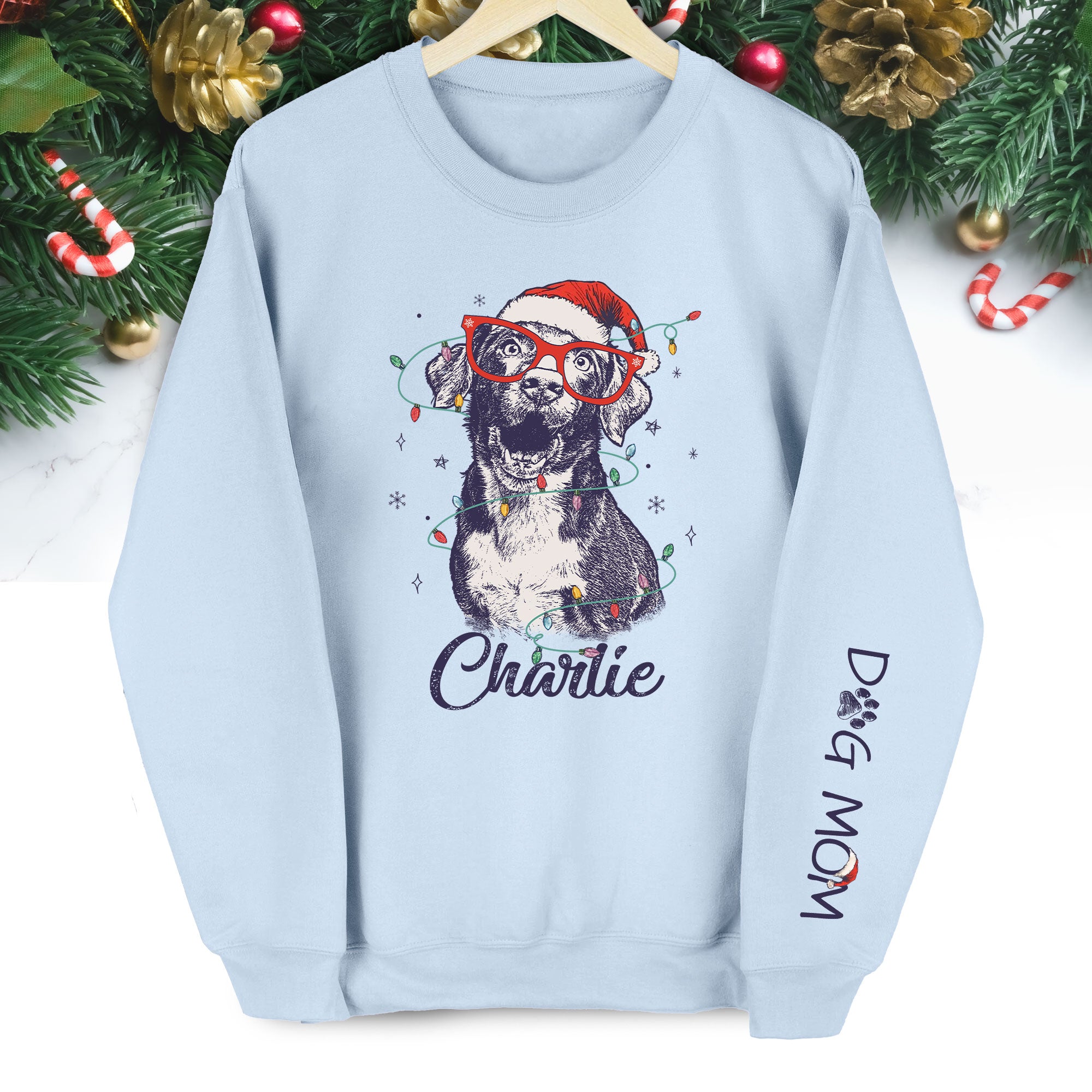 Custom Christmas Pet Portrait Sweatshirt – Personalized Dog Mom Gift – Holiday Pet Illustration