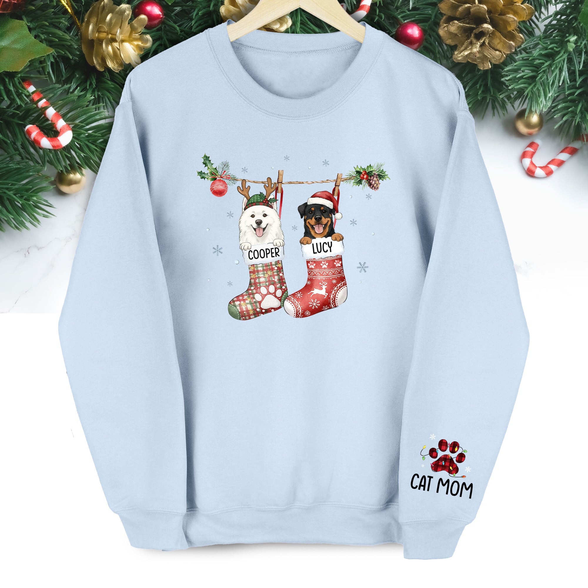 Custom Cats Christmas Sweatshirt – Personalized Pet Stocking Holiday Gift for Cat Moms