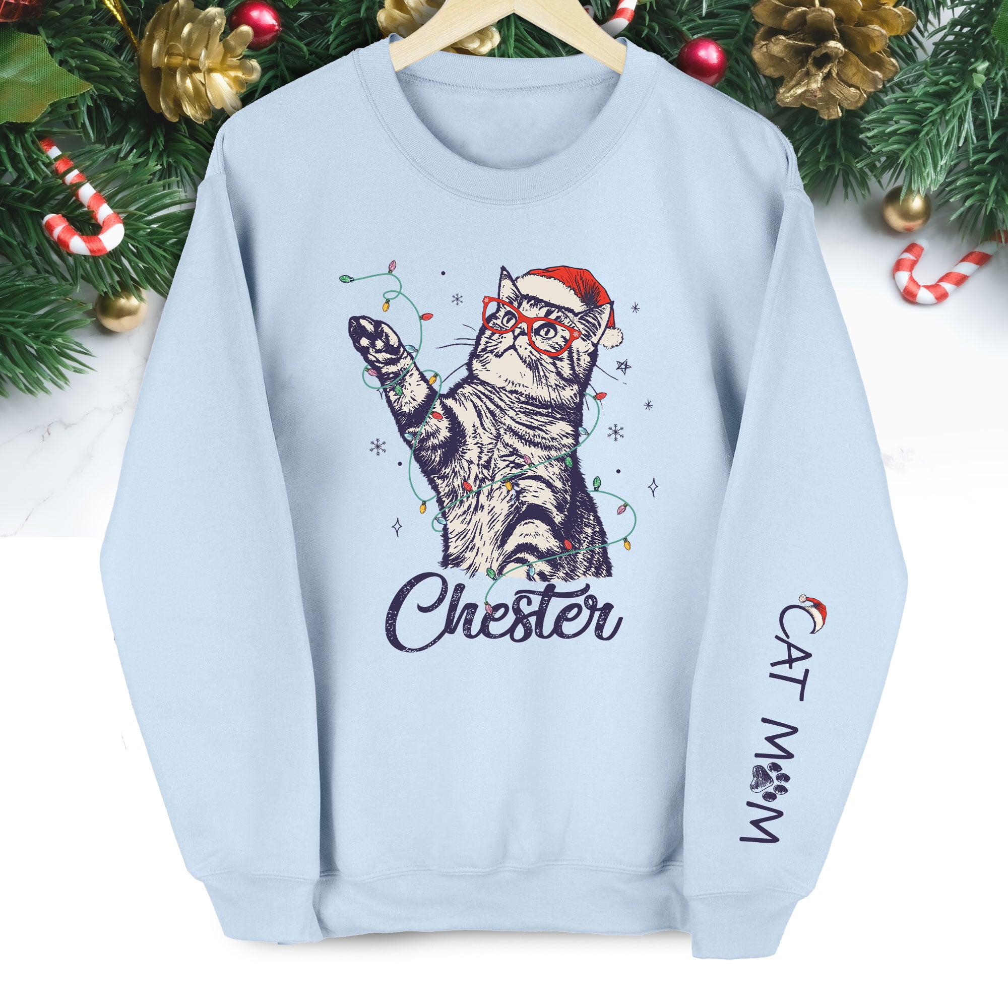 Custom Cat Christmas Sweatshirt, Personalized Pet Portrait Holiday Gift for Cat Moms