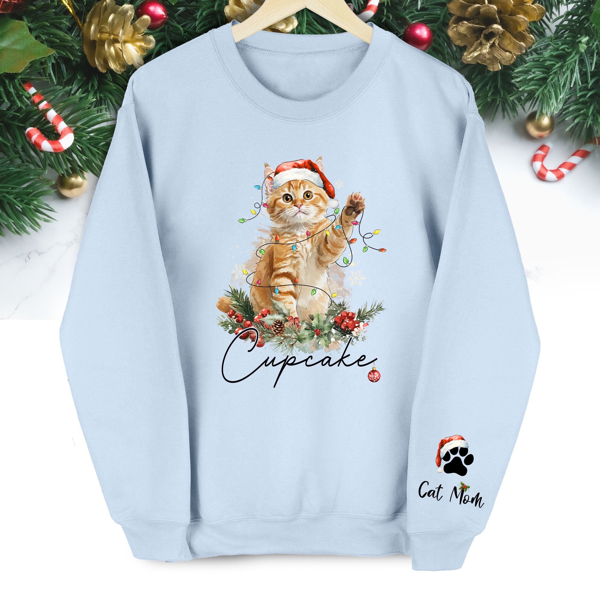 Custom Cat Christmas Sweatshirt – Personalized Holiday Pet Portrait Gift for Cat Moms