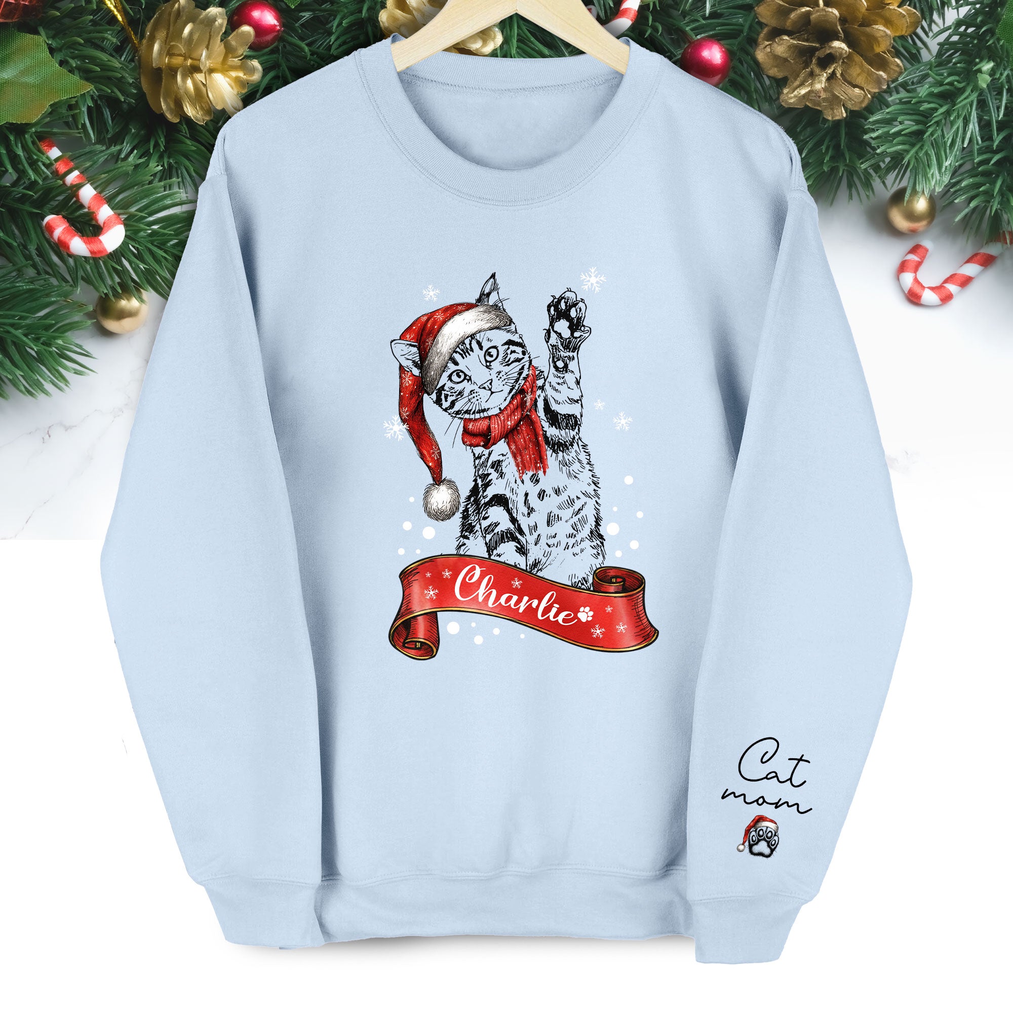 Personalized Cat Photo Sweatshirt – Custom Christmas Gift for Women Cat Moms