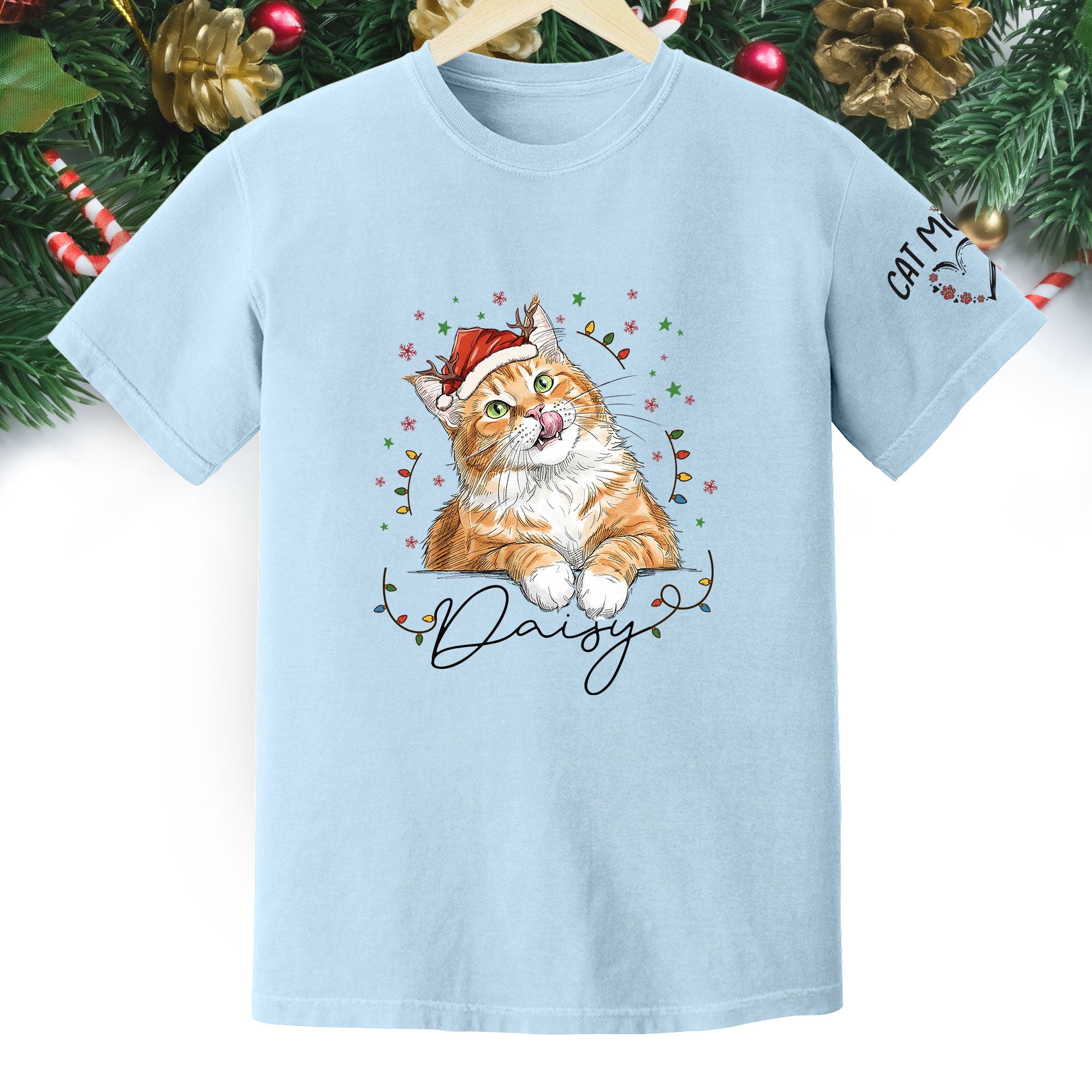 Christmas Cat T-Shirt – Custom Pet Photo Tee, Personalized Holiday Gift for Cat Lovers