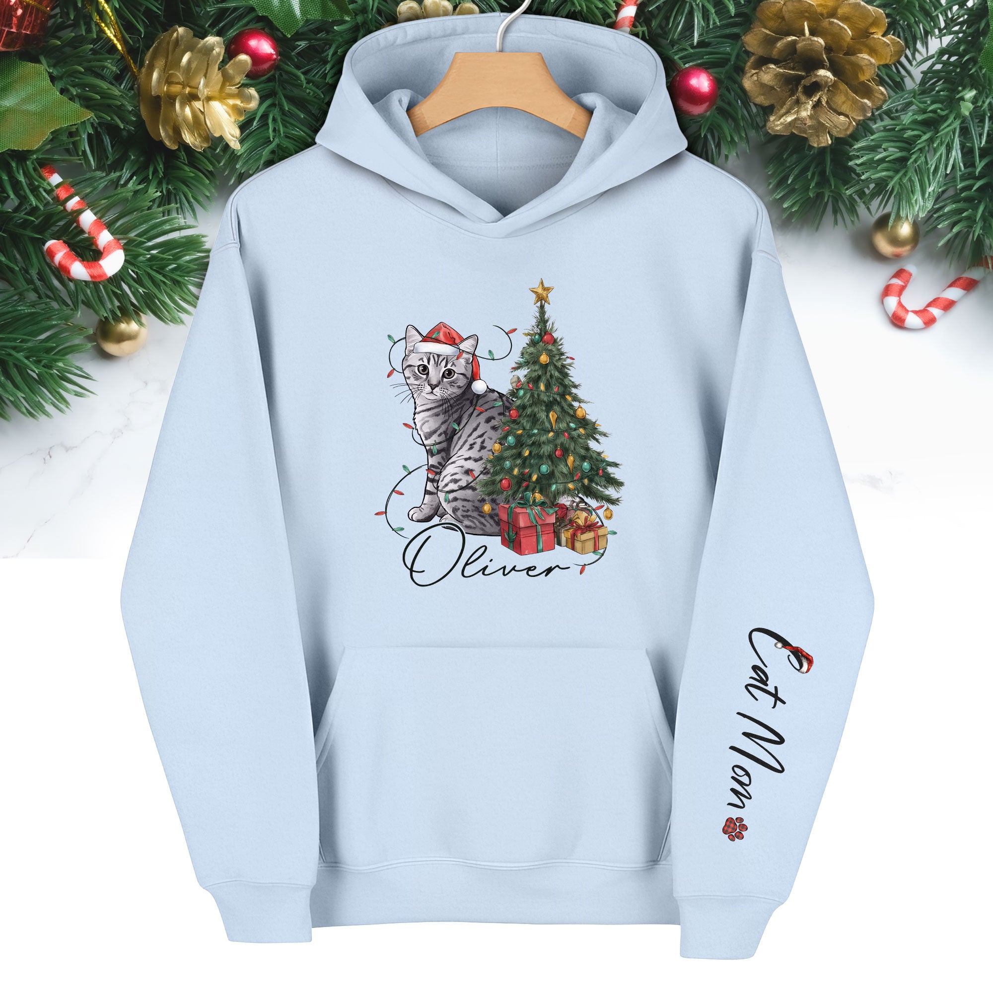 Personalized Cat Mom Christmas Hoodie – Custom Pet Photo Hoodie with Cat Name, Holiday Gift for Cat Lovers