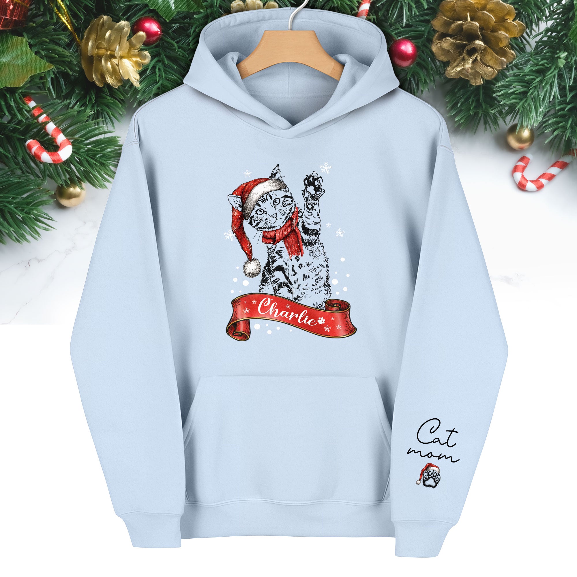 Custom Cat Mom Christmas Hoodie – Personalized Cat Photo Hoodie with Pet Name, Holiday Gift for Cat Lovers