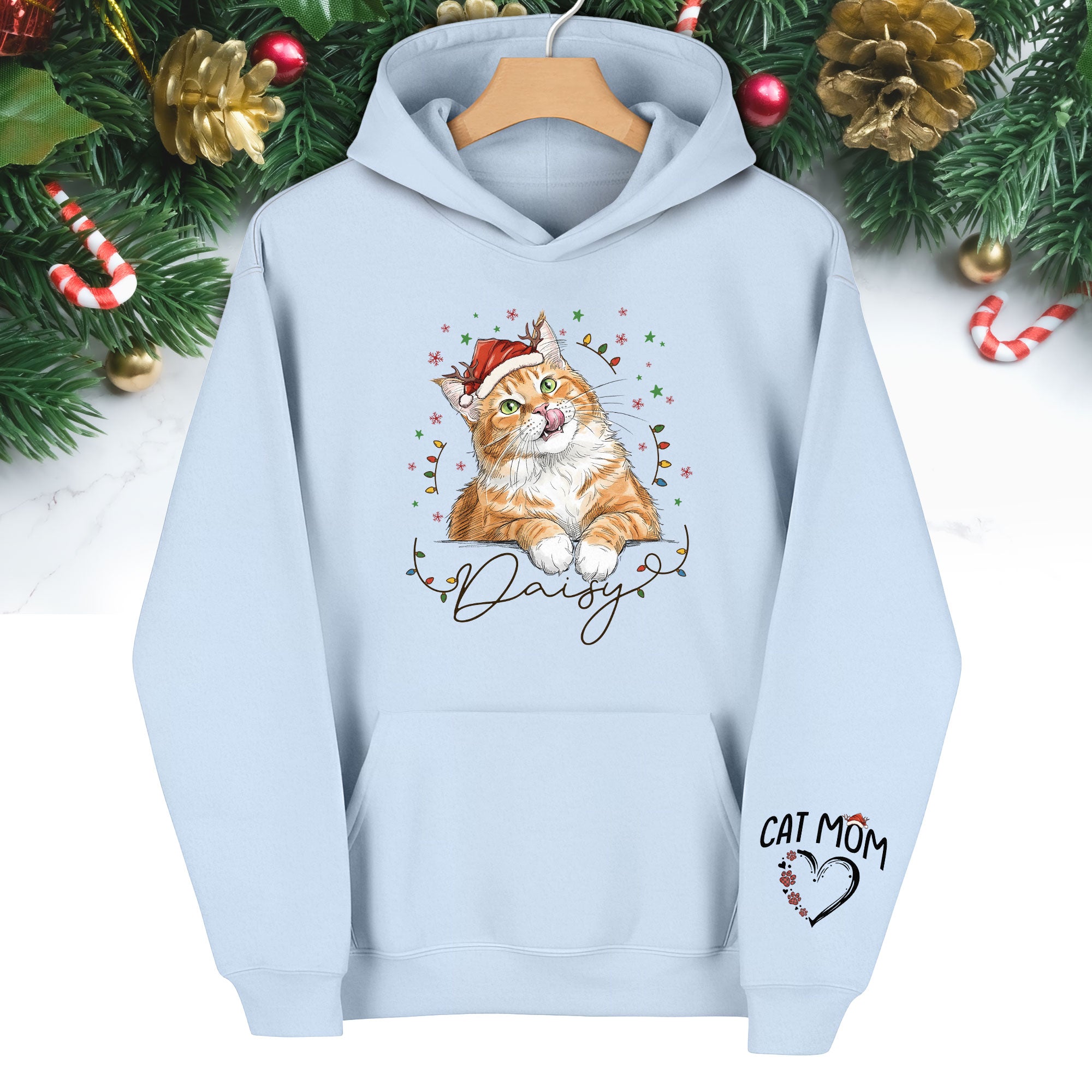Personalized Cat Mom Christmas Hoodie – Custom Cat Photo Hoodie with Pet Name, Cute Holiday Gift for Cat Lovers