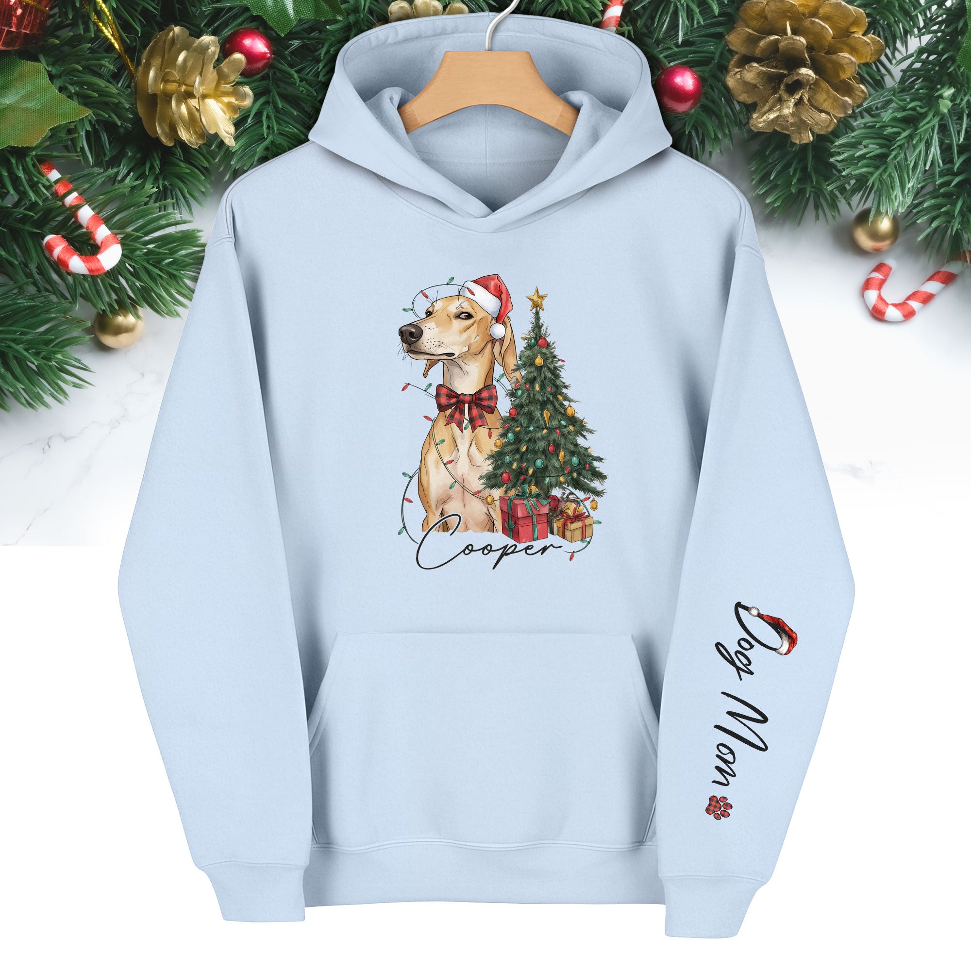 Personalized Dog Mom Christmas Hoodie, Custom Dog Photo Hoodie with Pet Name, Holiday Gift for Pet Lovers