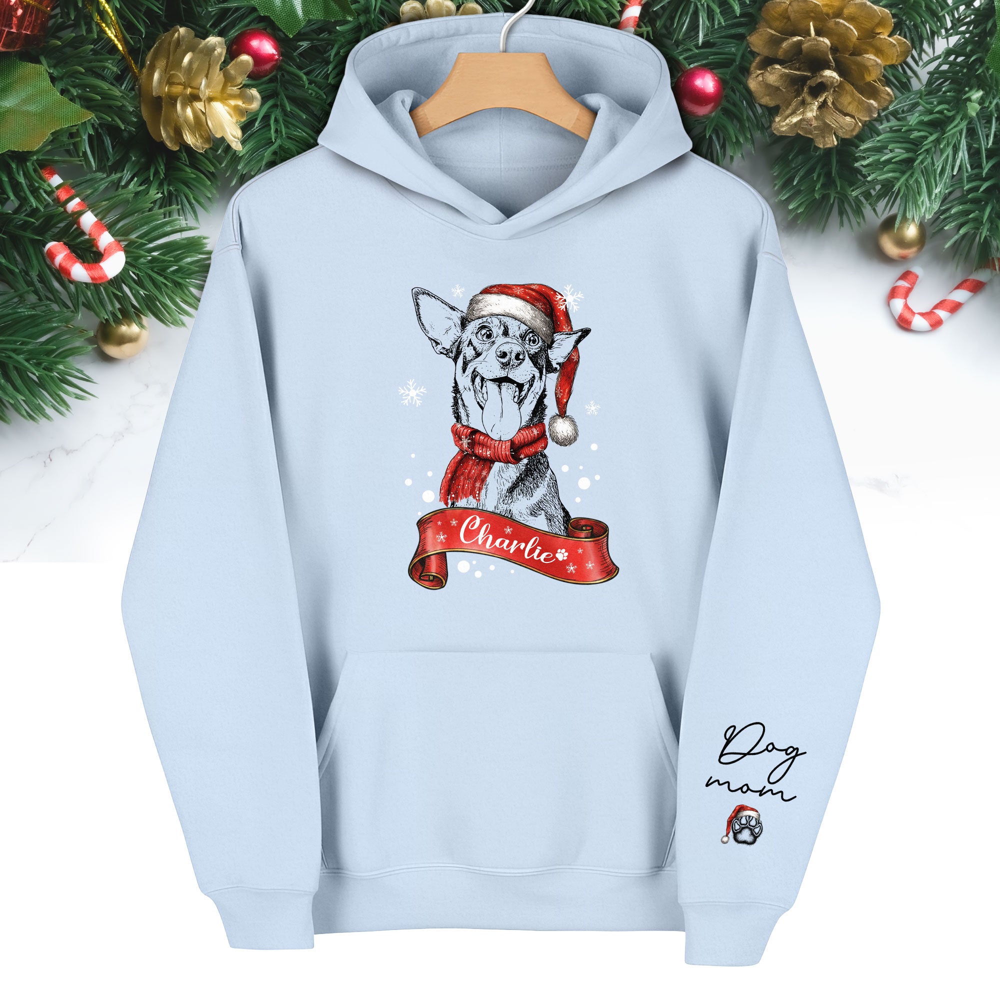 Custom Dog Mom Christmas Hoodie – Personalized Dog Photo Hoodie with Pet Name, Holiday Gift for Pet Lovers