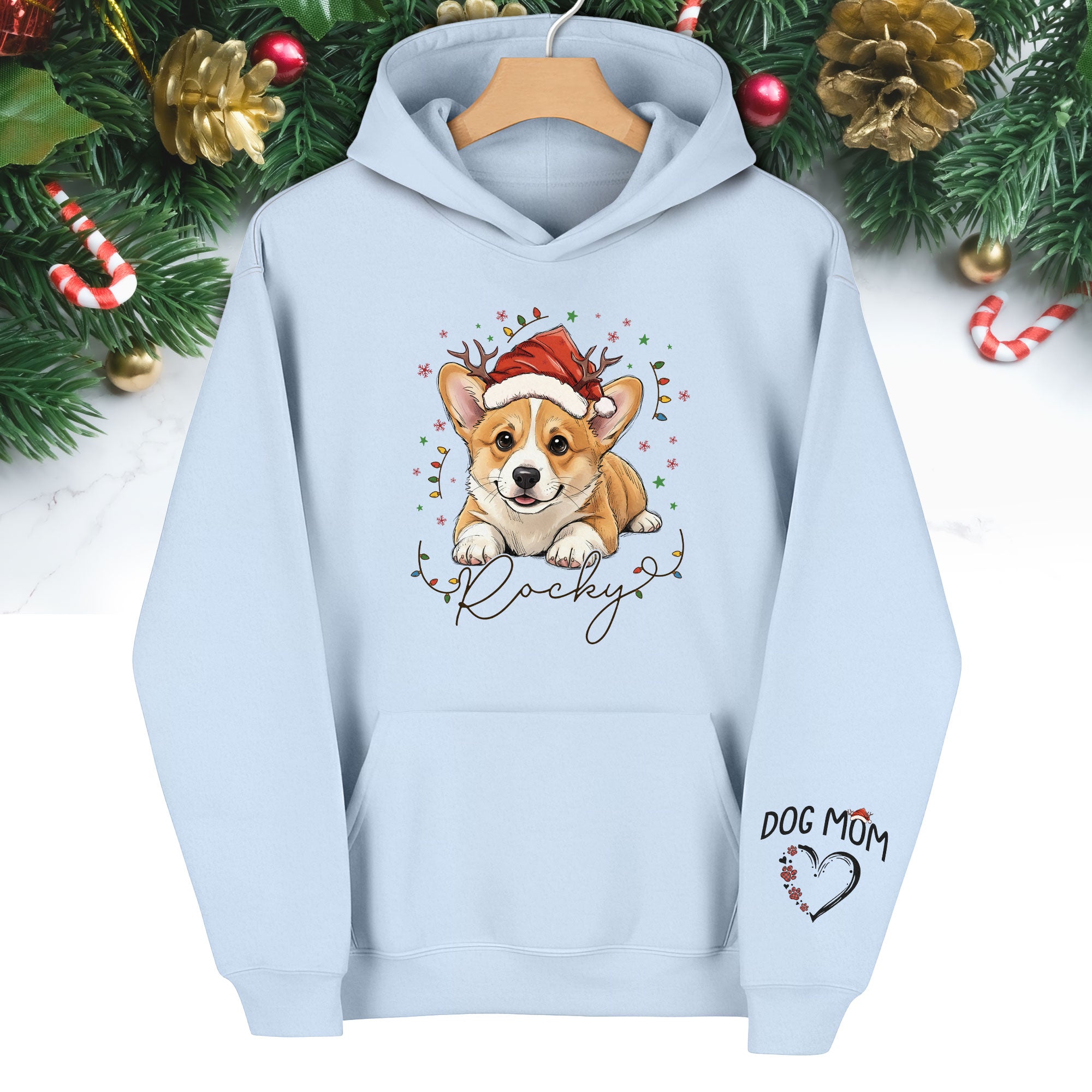 Personalized Dog Mom Christmas Hoodie – Custom Dog Photo Hoodie with Pet Name, Cute Holiday Gift for Dog Lovers