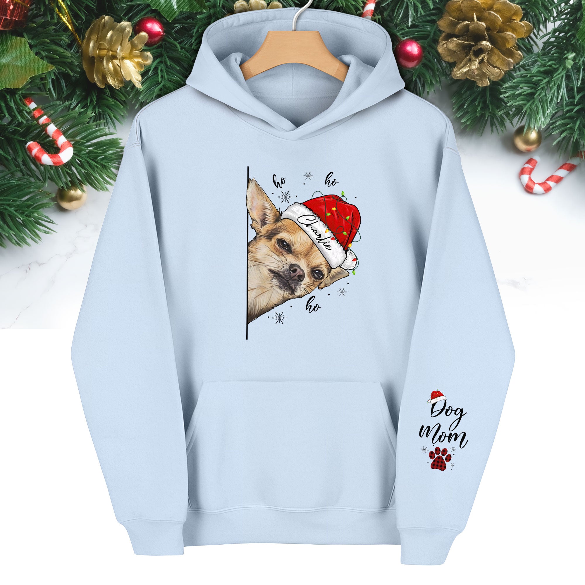 Custom Dog Mom Christmas Hoodie – Personalized Dog Photo Hoodie with Pet Name, Funny Holiday Gift for Dog Lovers