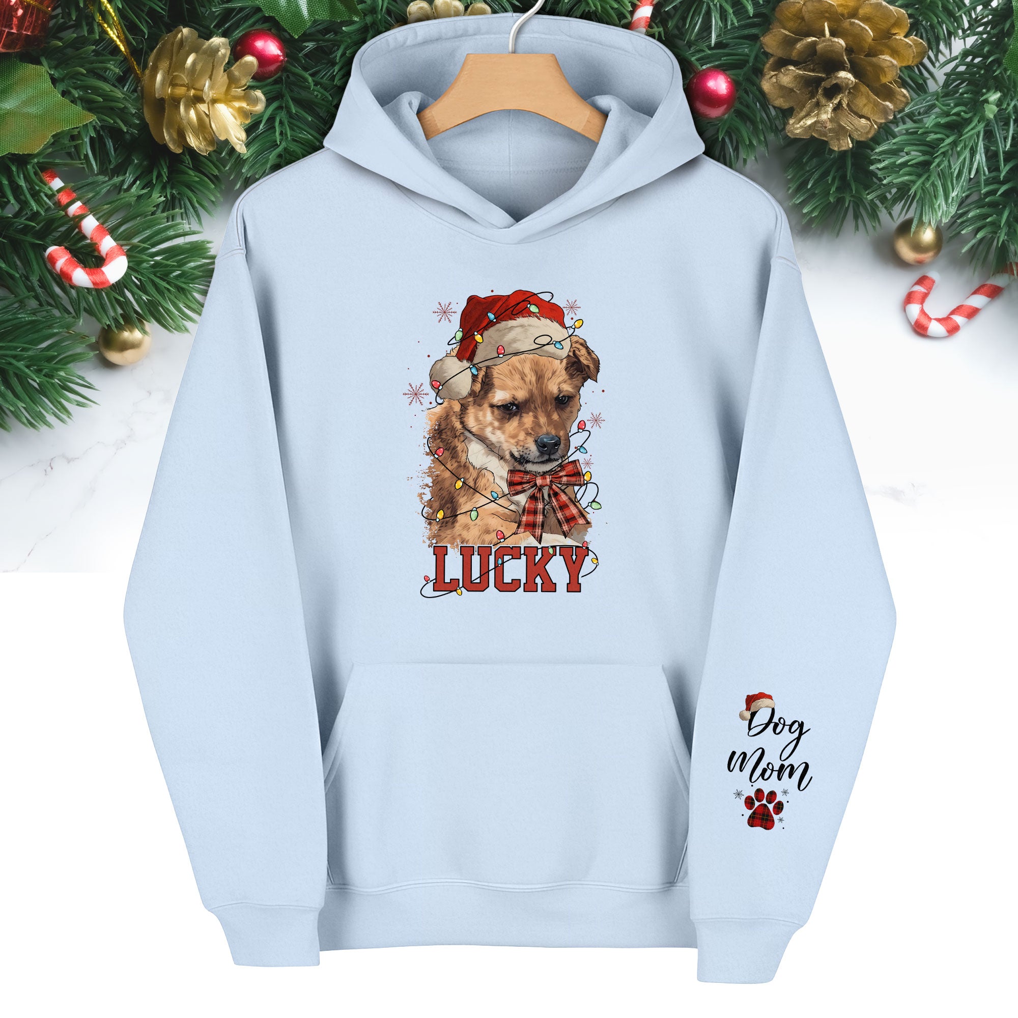 Personalized Dog Mom Christmas Hoodie – Custom Dog Photo Hoodie with Pet Name, Holiday Gift for Pet Lovers
