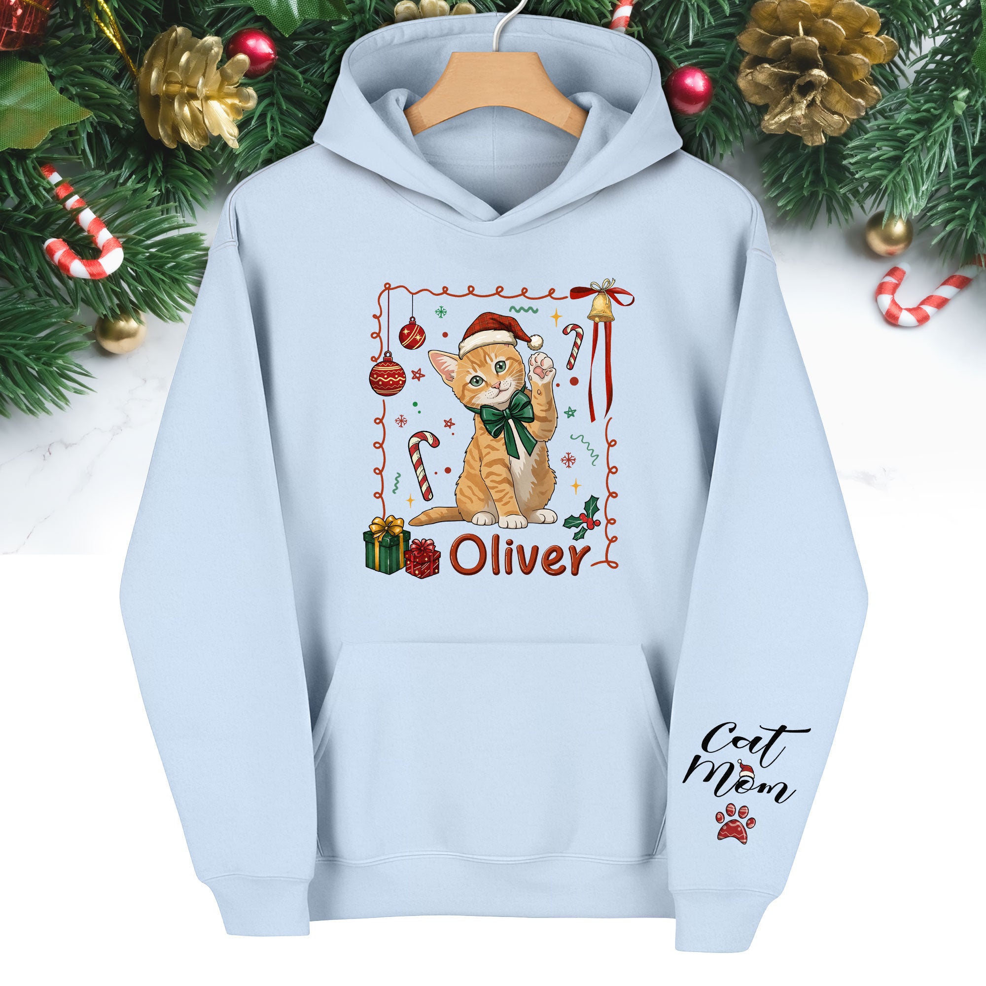 Custom Cat Christmas Hoodie – Personalized Pet Portrait Gift for Cat Moms