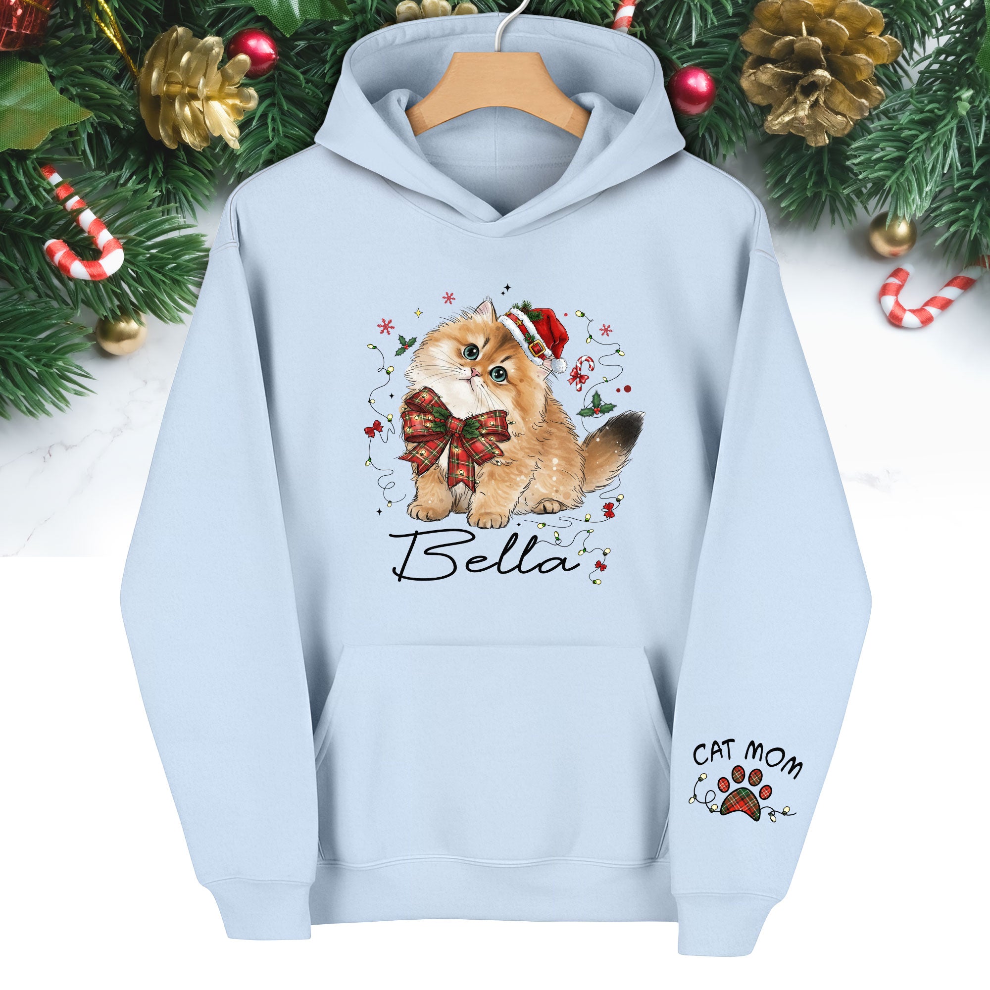 Personalized Cat Portrait Christmas Hoodie – Custom Pet Photo Gift for Cat Moms