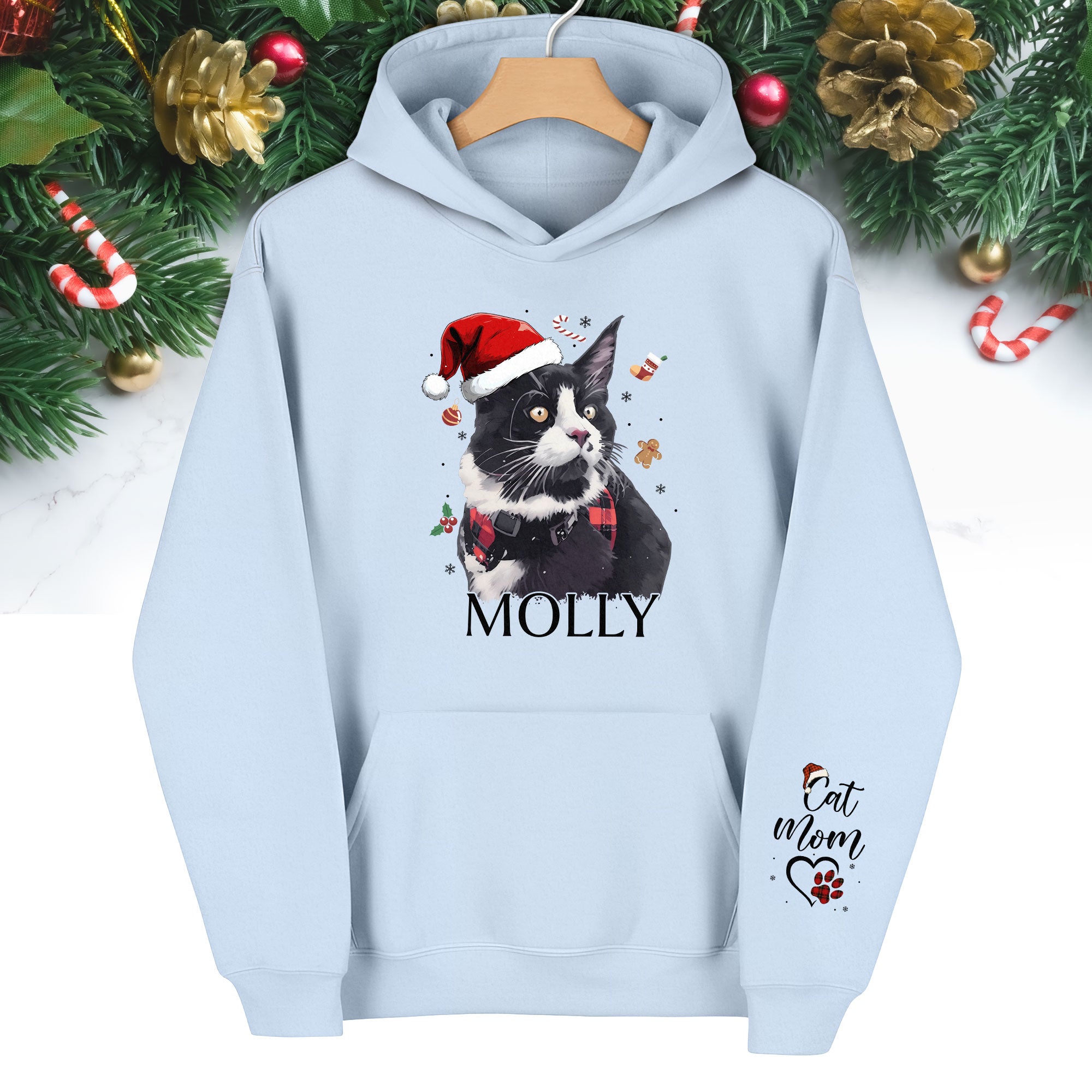 Custom Cat Photo Hoodie – Personalized Holiday Hoodie with Cat Design for Cat Moms