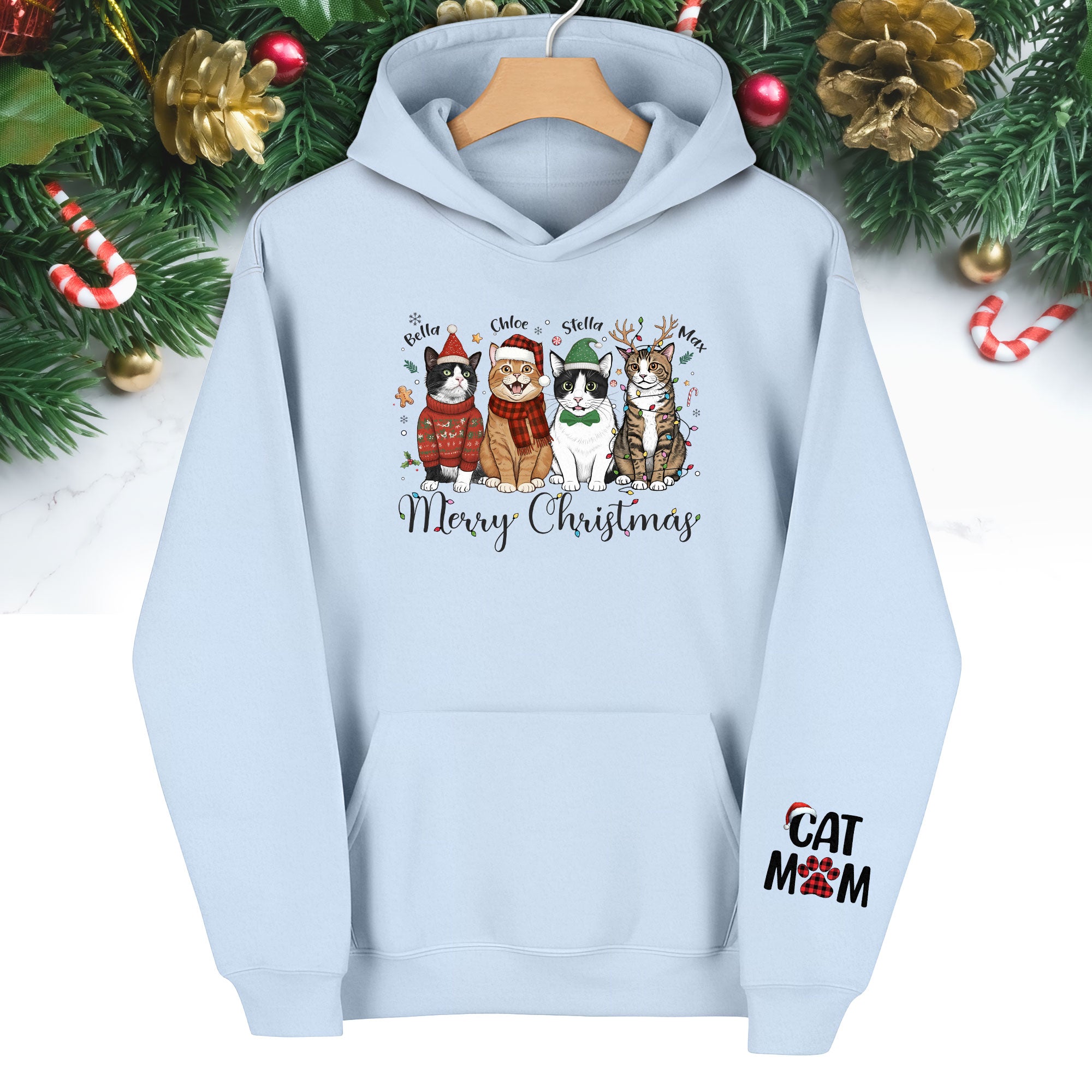 Custom Pet Christmas Hoodie – Personalized Cat Photo Hoodie for Pet Moms