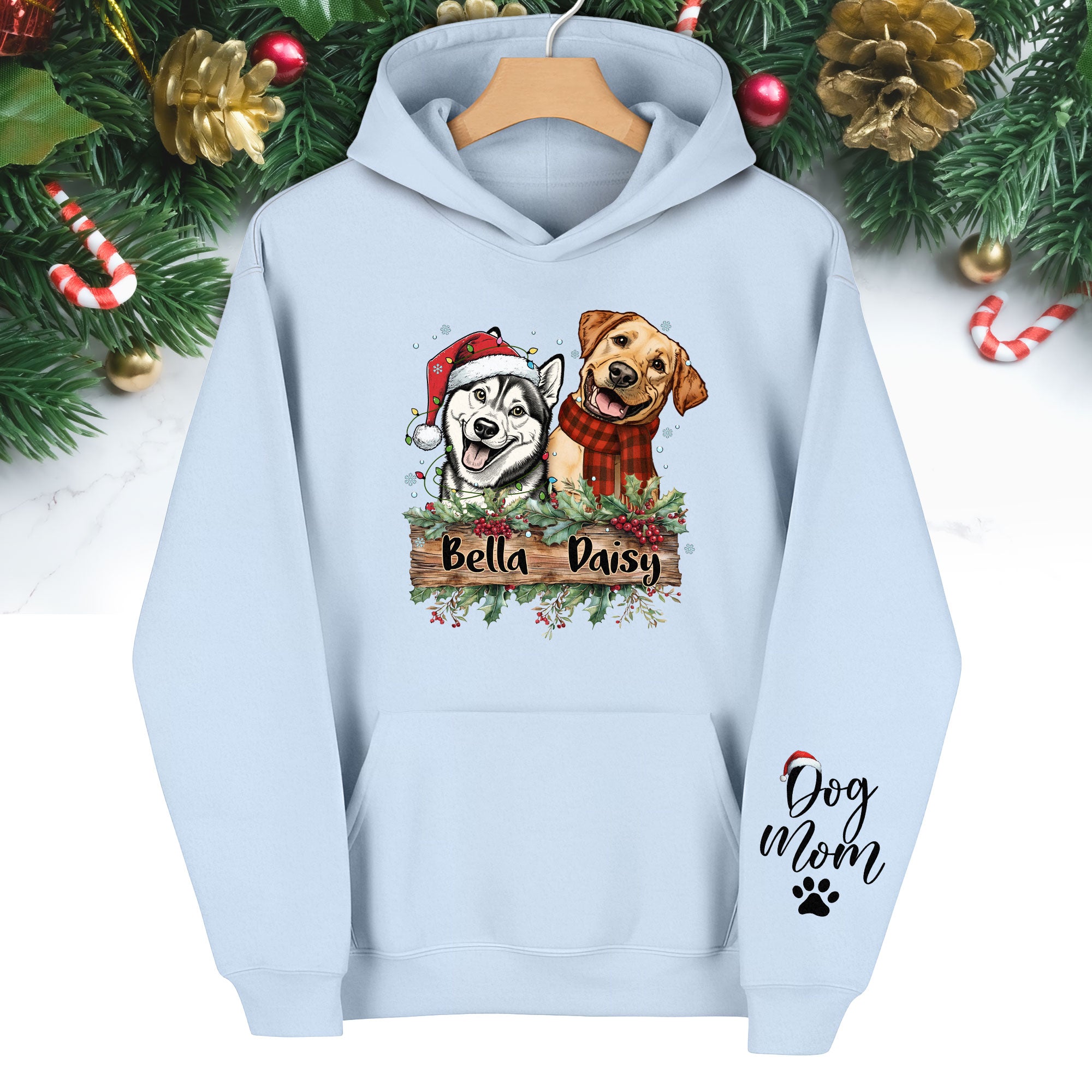 Dog Mom Christmas Hoodie – Custom Pet Photo Hoodie, Personalized Holiday Gift for Dog Mom