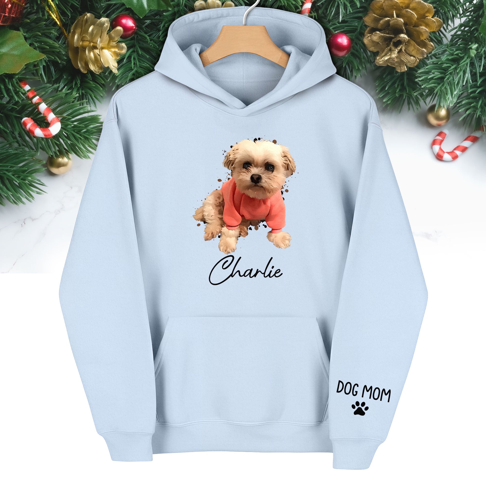Personalized Dog Mom Hoodie – Custom Dog Photo Hoodie with Pet Name, Unique Holiday Gift for Pet Lovers