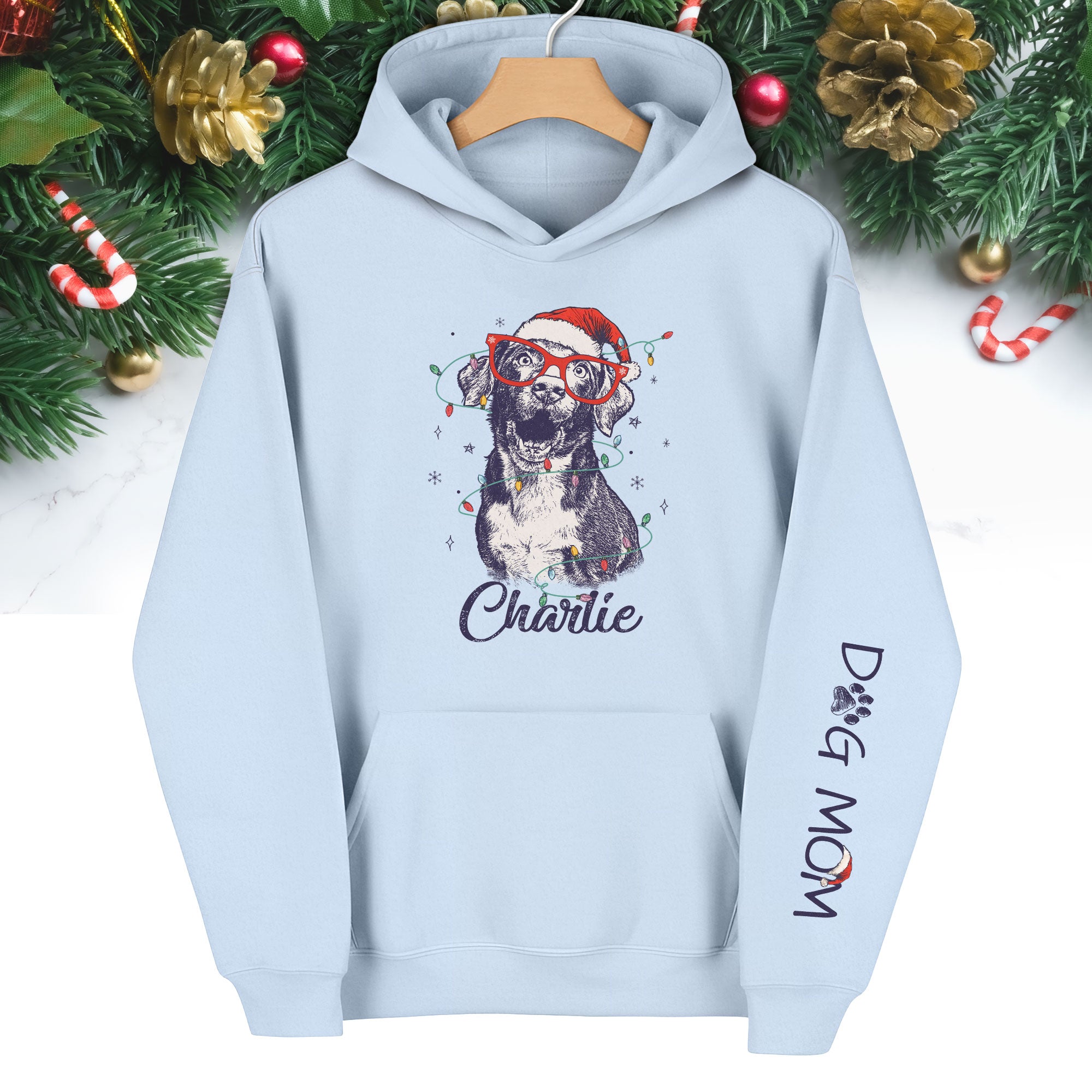 Personalized Dog Mom Hoodie – Custom Dog Photo Hoodie with Holiday Design
