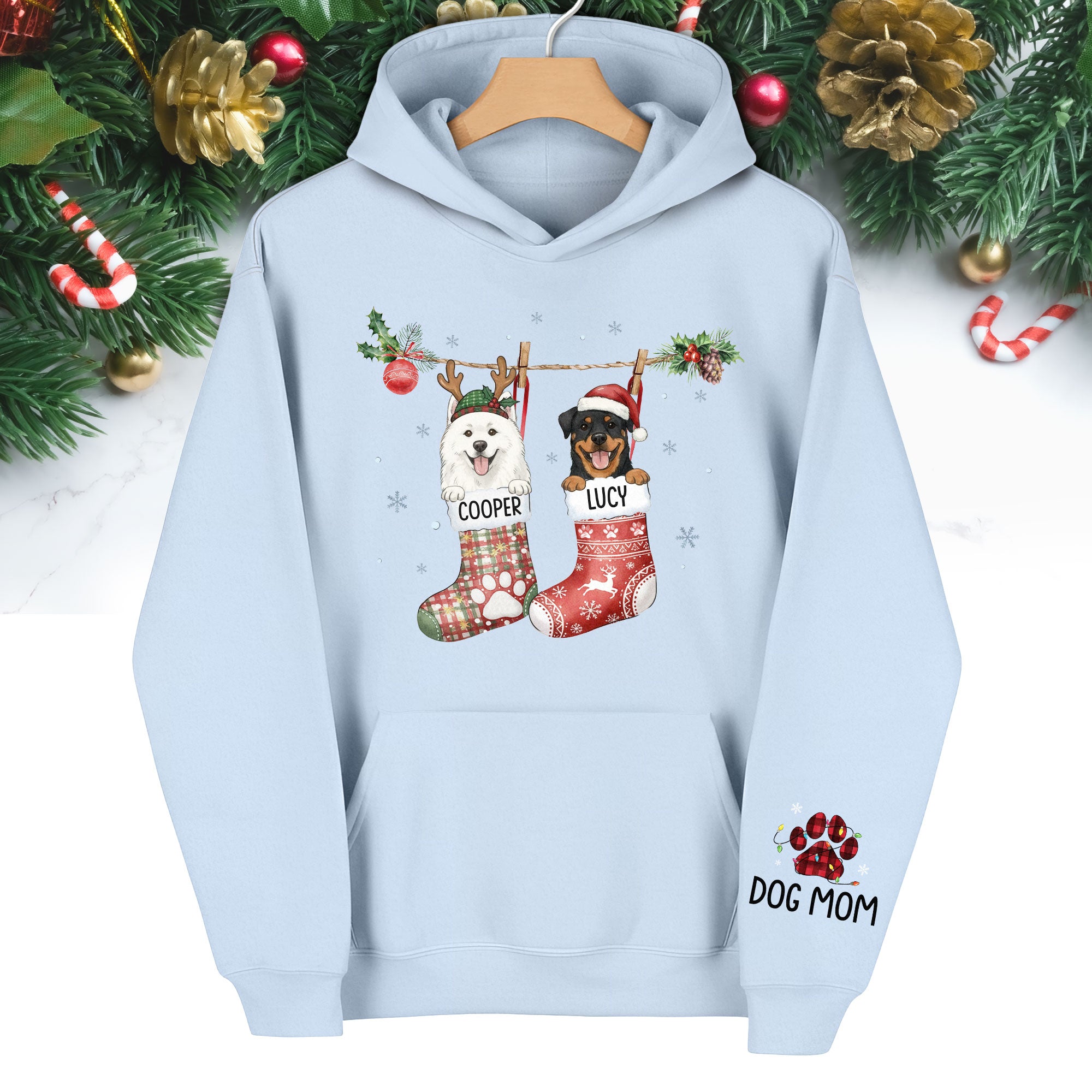 Custom Christmas Dog Hoodie – Personalized Holiday Hoodie with Your Dog’s Photo in Festive Stockings