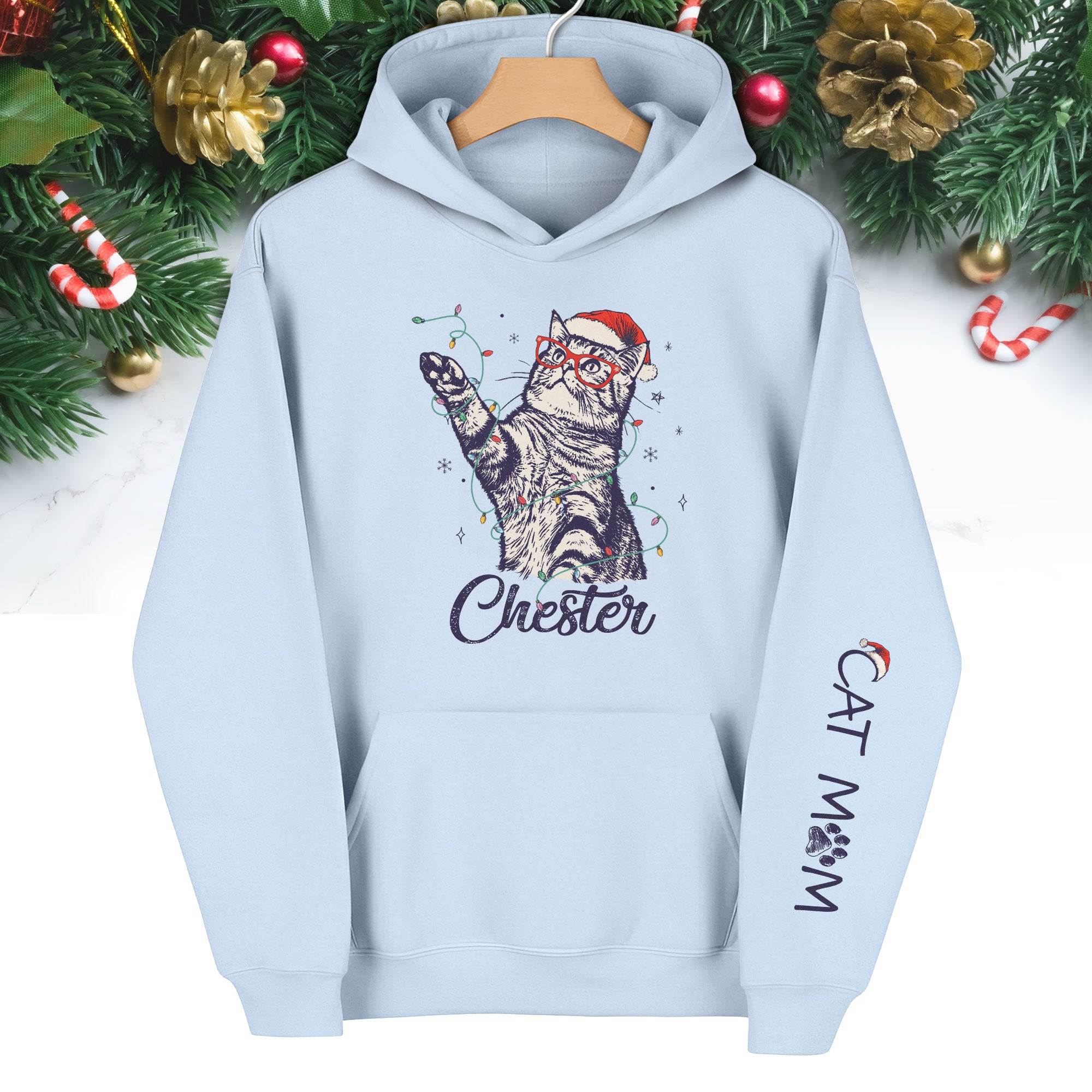 Christmas Cat Mom Hoodie – Personalized Cat Photo Hoodie, Custom Holiday Gift for Women