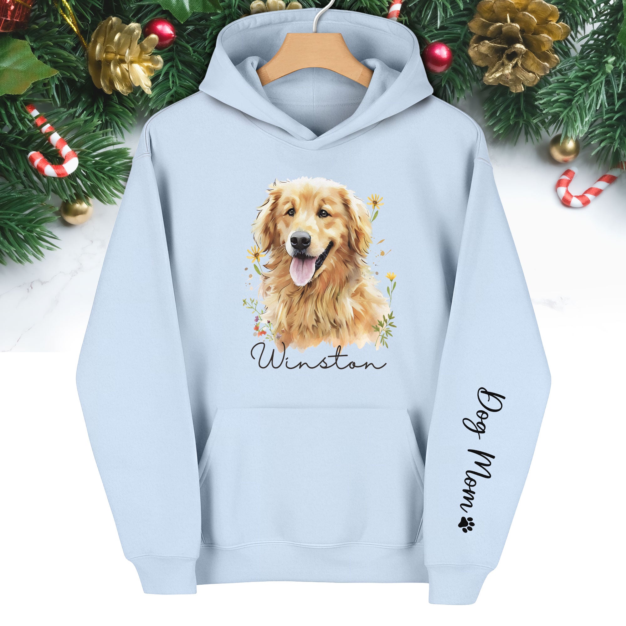 Custom Pet Photo Hoodie – Personalized Dog Portrait with Floral Design, Dog Mom Gift