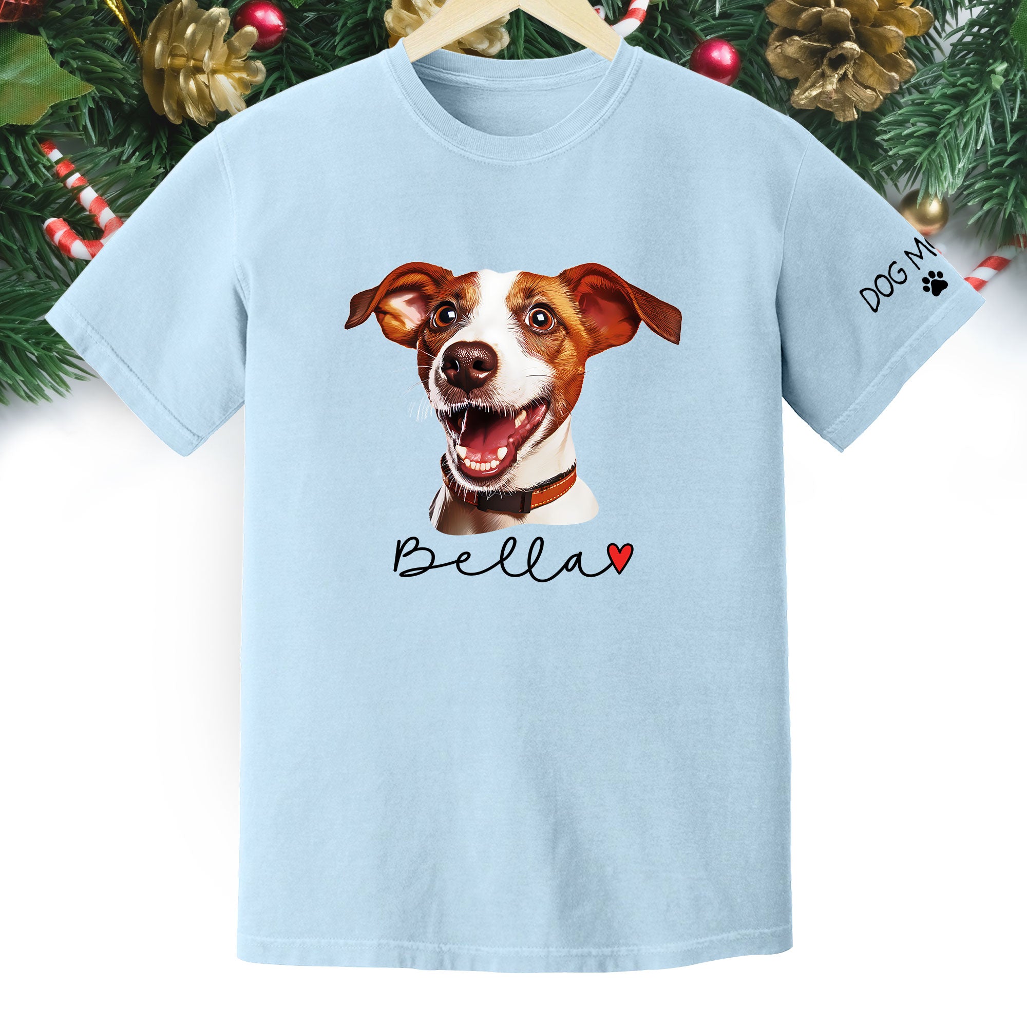 Dog Mom Christmas Shirt – Custom Pet Portrait Tee, Personalized Holiday Gift for Women