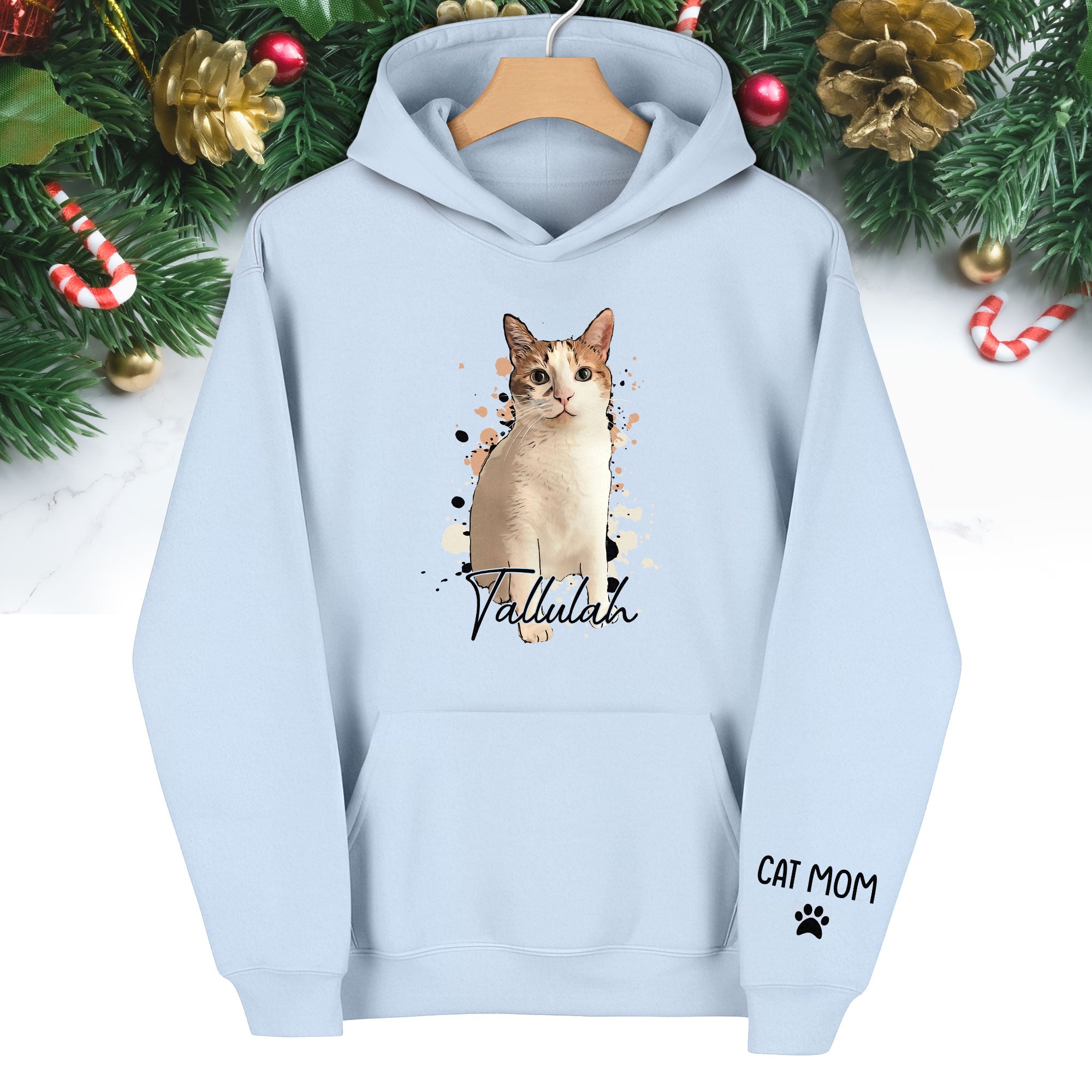 Personalized Cat Mom Hoodie – Custom Cat Photo Hoodie with Pet Name, Unique Holiday Gift for Cat Lovers