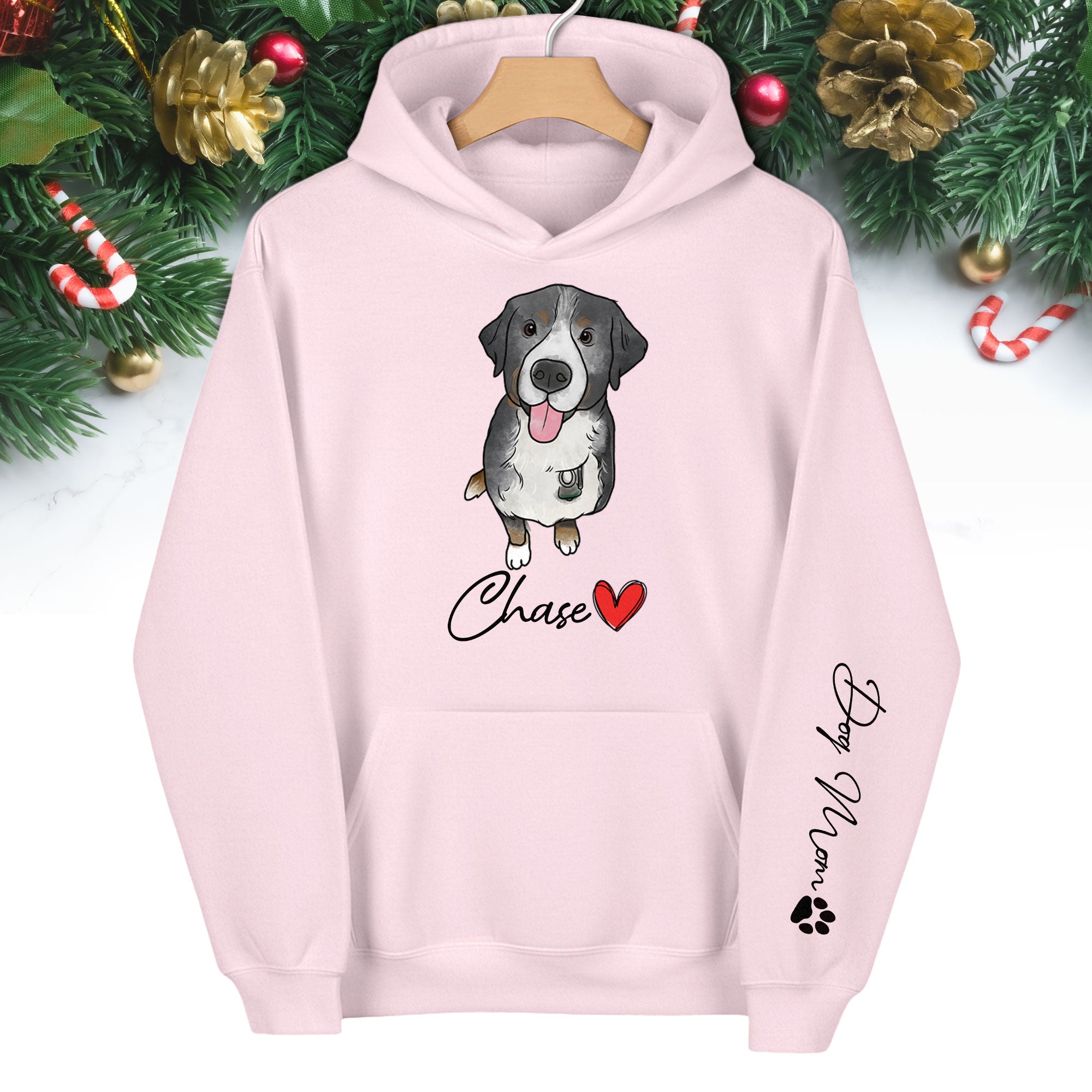 Custom Pet Portrait Hoodie– Dog Name Printed with Heart, Perfect Gift for Dog Lovers