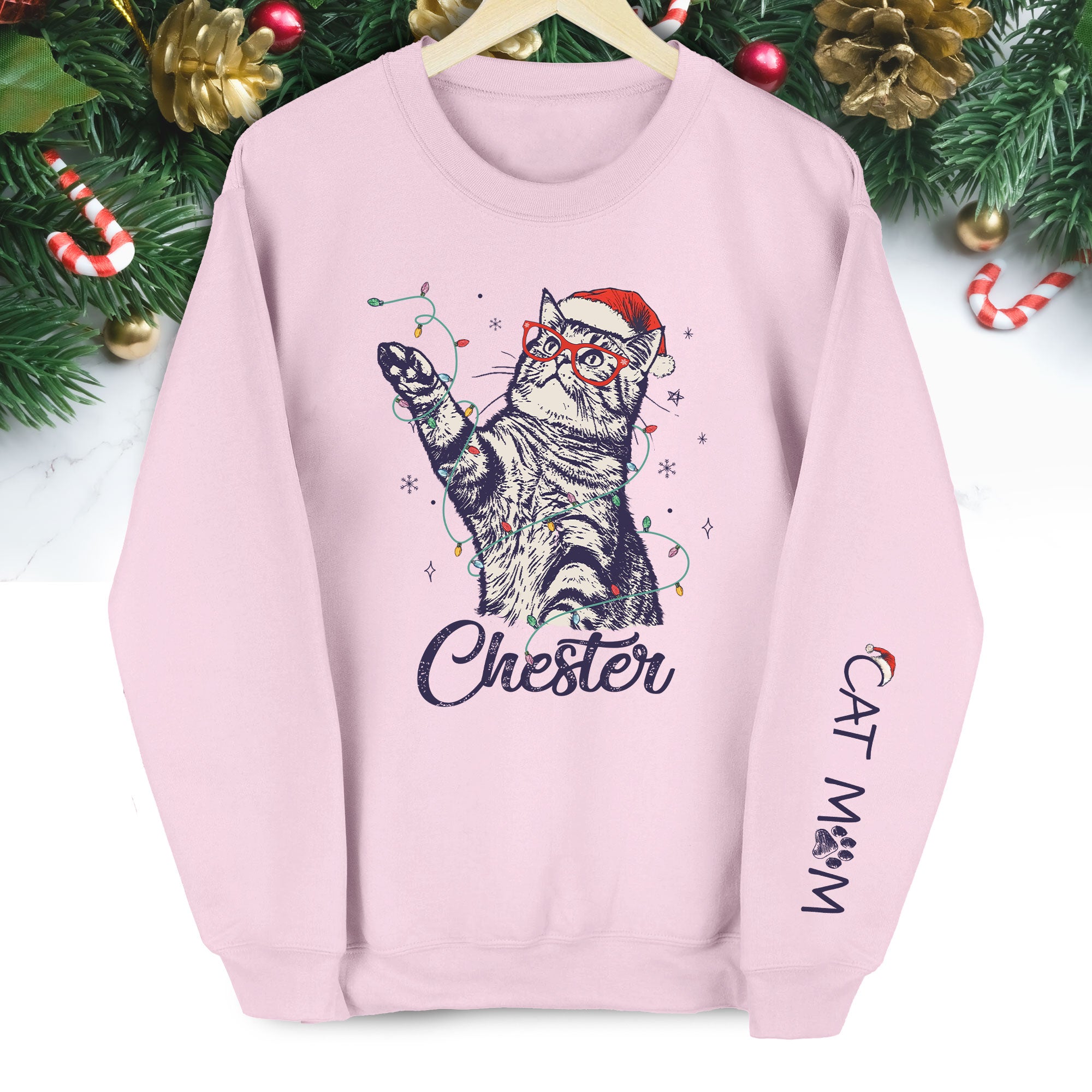 Custom Cat Christmas Sweatshirt, Personalized Pet Portrait Holiday Gift for Cat Moms